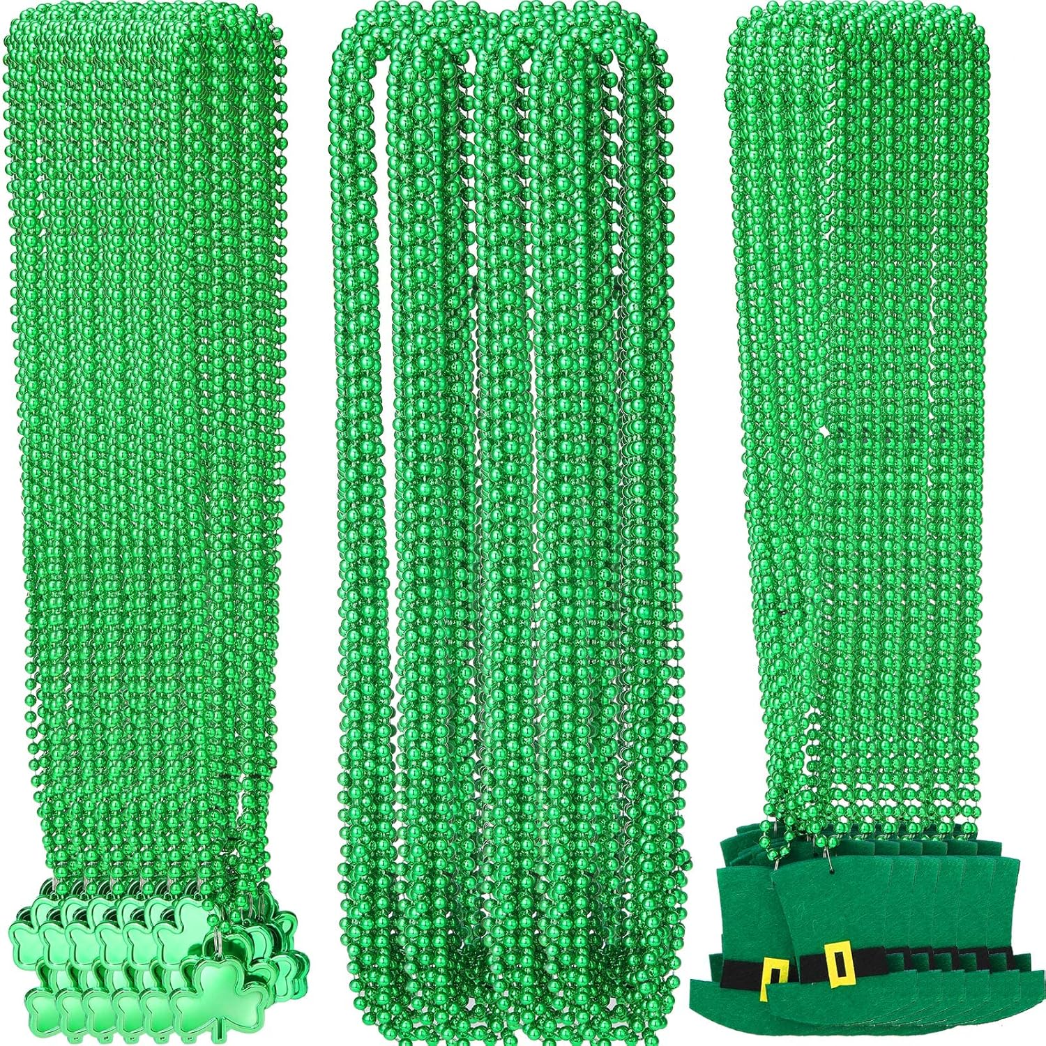 Batiyeer 120 Pieces St. Patricks Day Shamrock Bead Necklaces Bulk Mardi Gras Bead Necklaces Metallic Green Shamrock Clover Beads Necklaces for St. Patrick's Day Mardi Gras Party Favors Supplies
