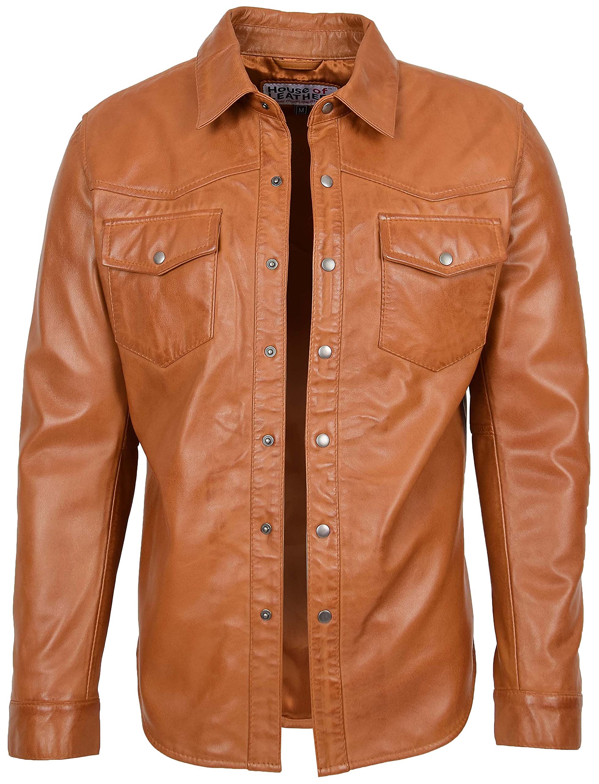 House Of Leather Men's Tan Real Leather Shirt Classic Western Trucker Style Oliver (Xl, )