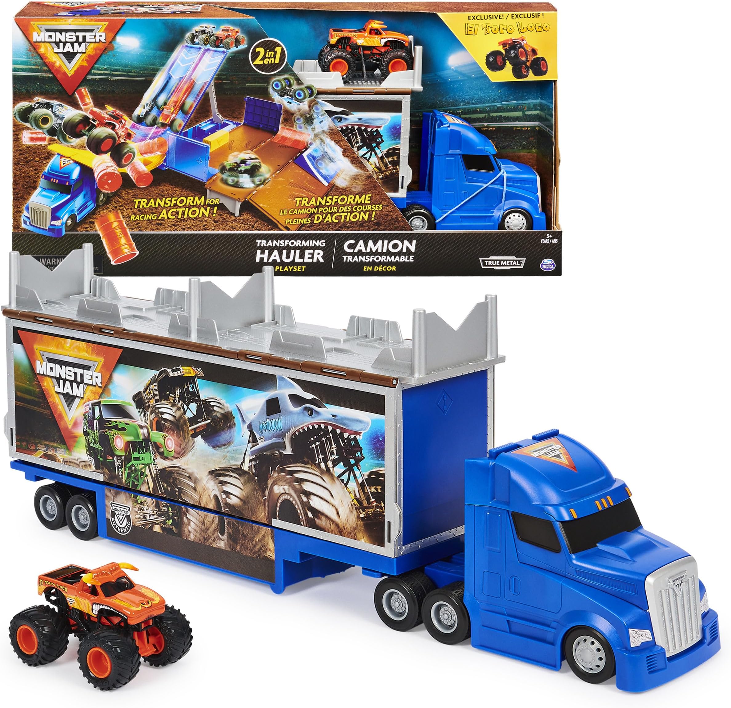 Transforming Hauler Playset and Storage with Exclusive El Toro Loco Monster Truck, 1:64 Scale, Kids Toys for Boys and Girls Ages 4-6+
