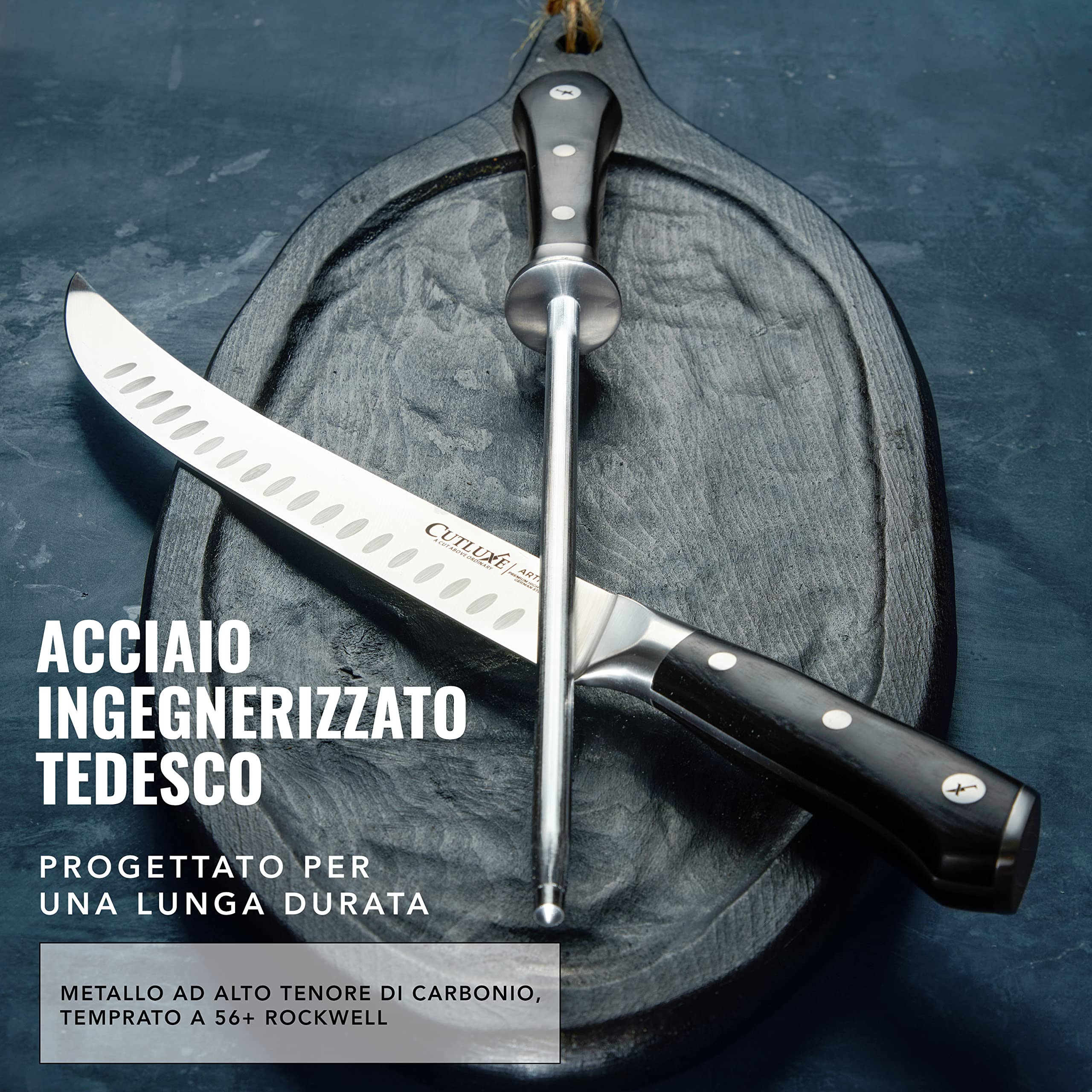 Cutluxe Acciaino Affilacoltelli, 25cm, Acciaino Coltelli, Acciaio al Carbonio, Manico Ergonomico, Artisan Series
