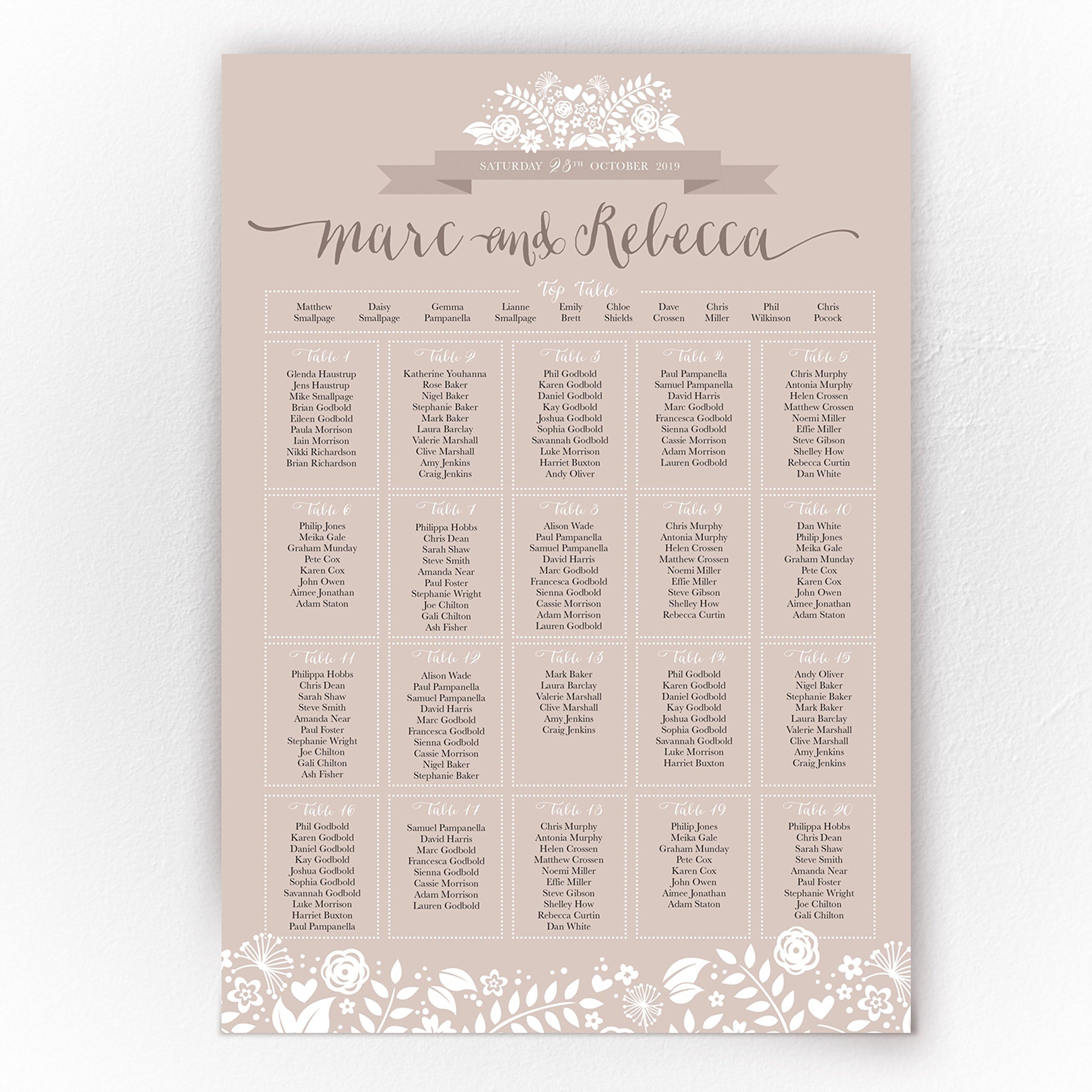 A1 Wedding Table SEAT Plan 2 Hearts - Light Stone