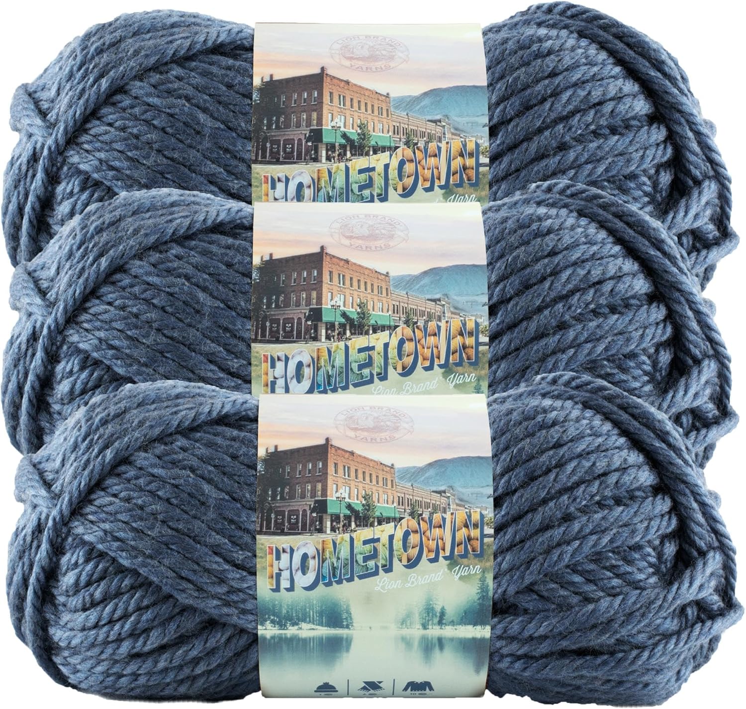 Lion Brand Yarn Hometown Yarn, Super-Bulky Yarn for Knitting, Crocheting, and Crafting, 3 Pack, Washington Denim