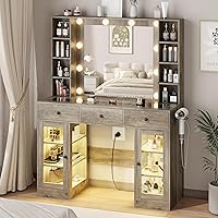 HUANLEGO Grey Farmhouse Vanity Desk with Lighted Mirror, RGB Glass Cabinet, 3 Drawers & Charging Station - Makeup Dressing Table