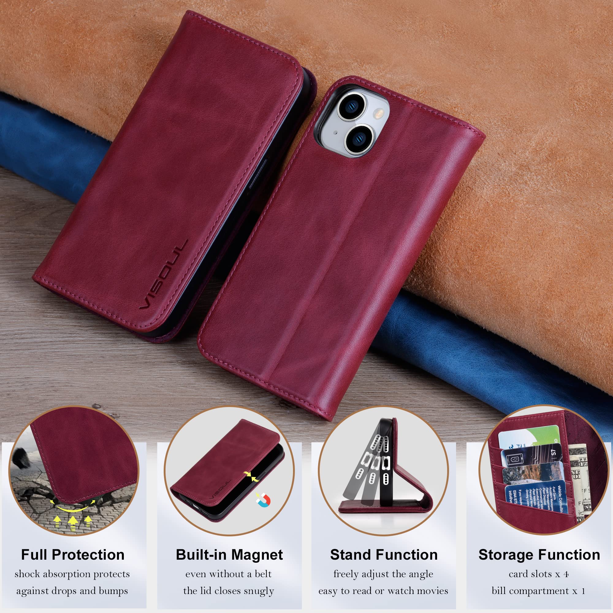 VISOUL Custodia Portafoglio In Vera Pelle Per IPhone 14 Pro Max, Con Blocco RFID E Supporto - 3