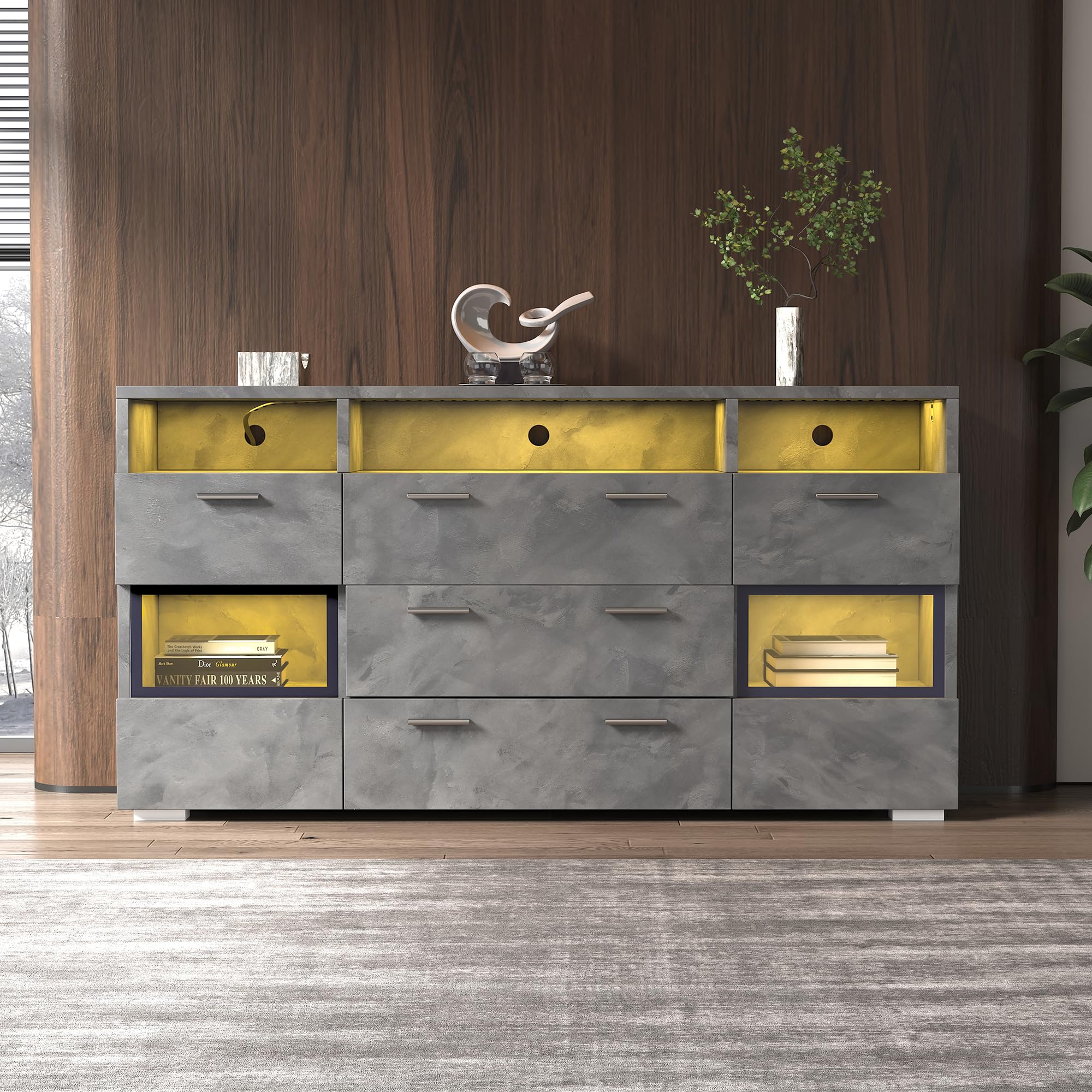 Merax Sideboard mit LED-Beleuchtung, Modernes Kommode mit 2 Türen, 3 Schubladen, offener Stauraum, Mehrzweckschrank mit transparenten Acryltüren, Standschrank Flurschrank für Wohnzimmer, 140cm, Grau
