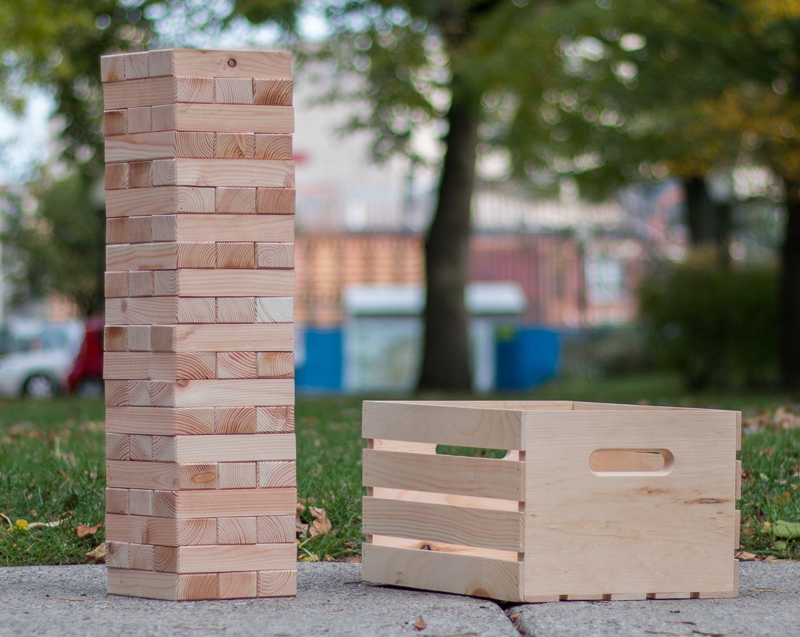 Finely Planed Giant 60-Block Stacking Tower & Wood Crate | Stacks to Over 6ft | Outdoor, Party and Wedding Game