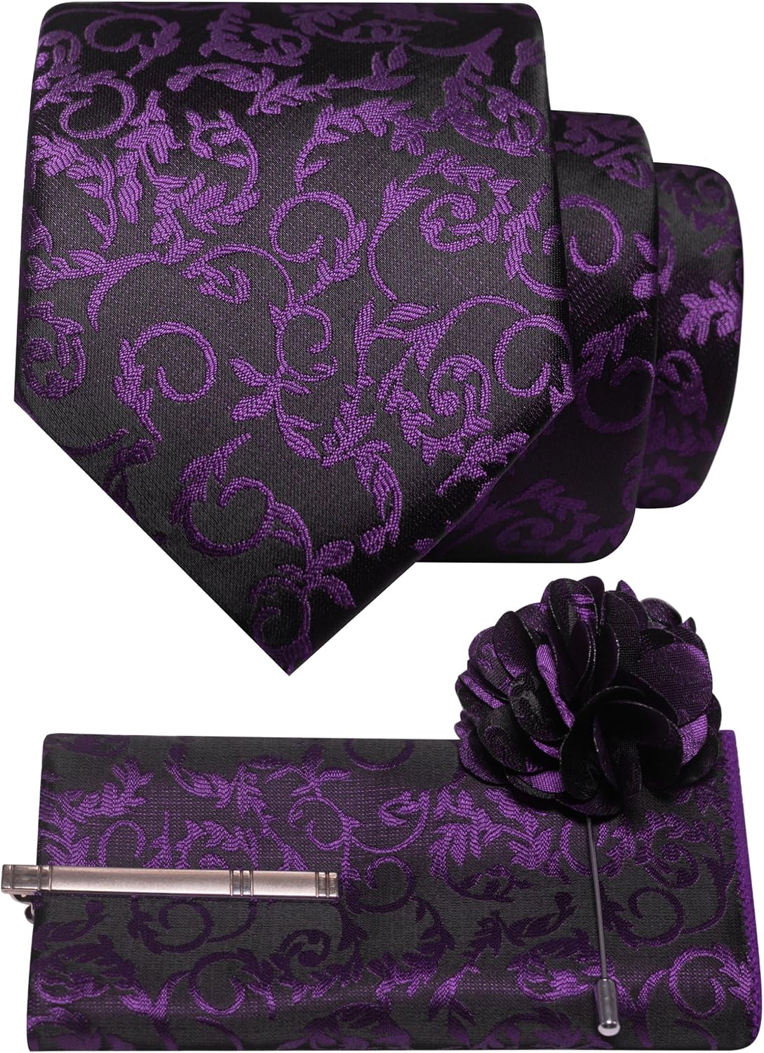JEMYGINS Mens Floral Tie and Lapel Pin Necktie Pocket Square and Tie Clip with Sets for Business Casual 4PCS