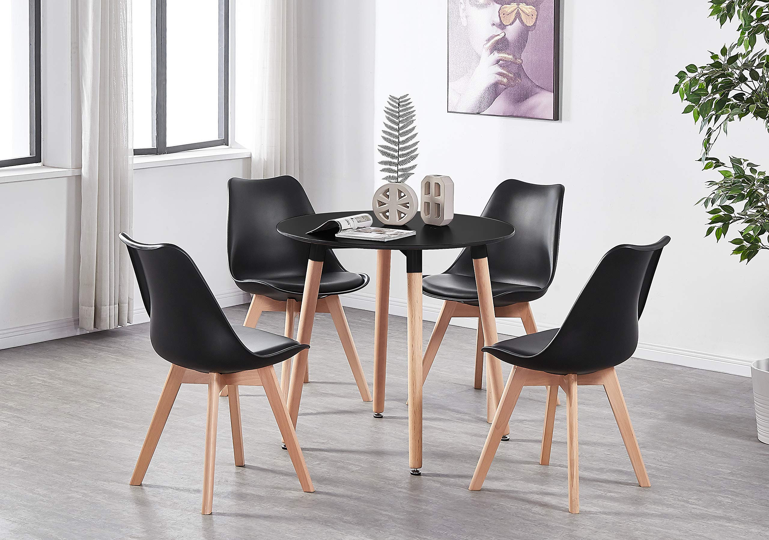 Life Interiors Dining Room Table Set for 4-80 cm Round Table & Dining Room Chairs Set of 4 with Cushions - PU Padded Seat w/Solid Wood Legs - Modern Round Dining Set - Black