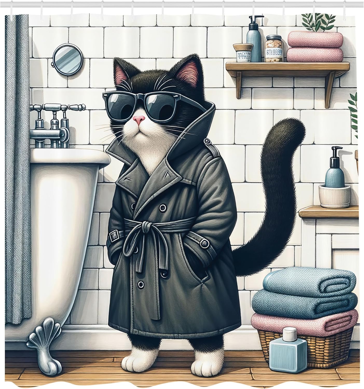 Ambesonne Cat Shower Curtain, Mysterious Detective Kitty Character in Bathroom with Sunglasses Classic Coat, Cloth Fabric Bathroom Decor Set with Hooks, 69" W x 75" L, Charcoal Grey White