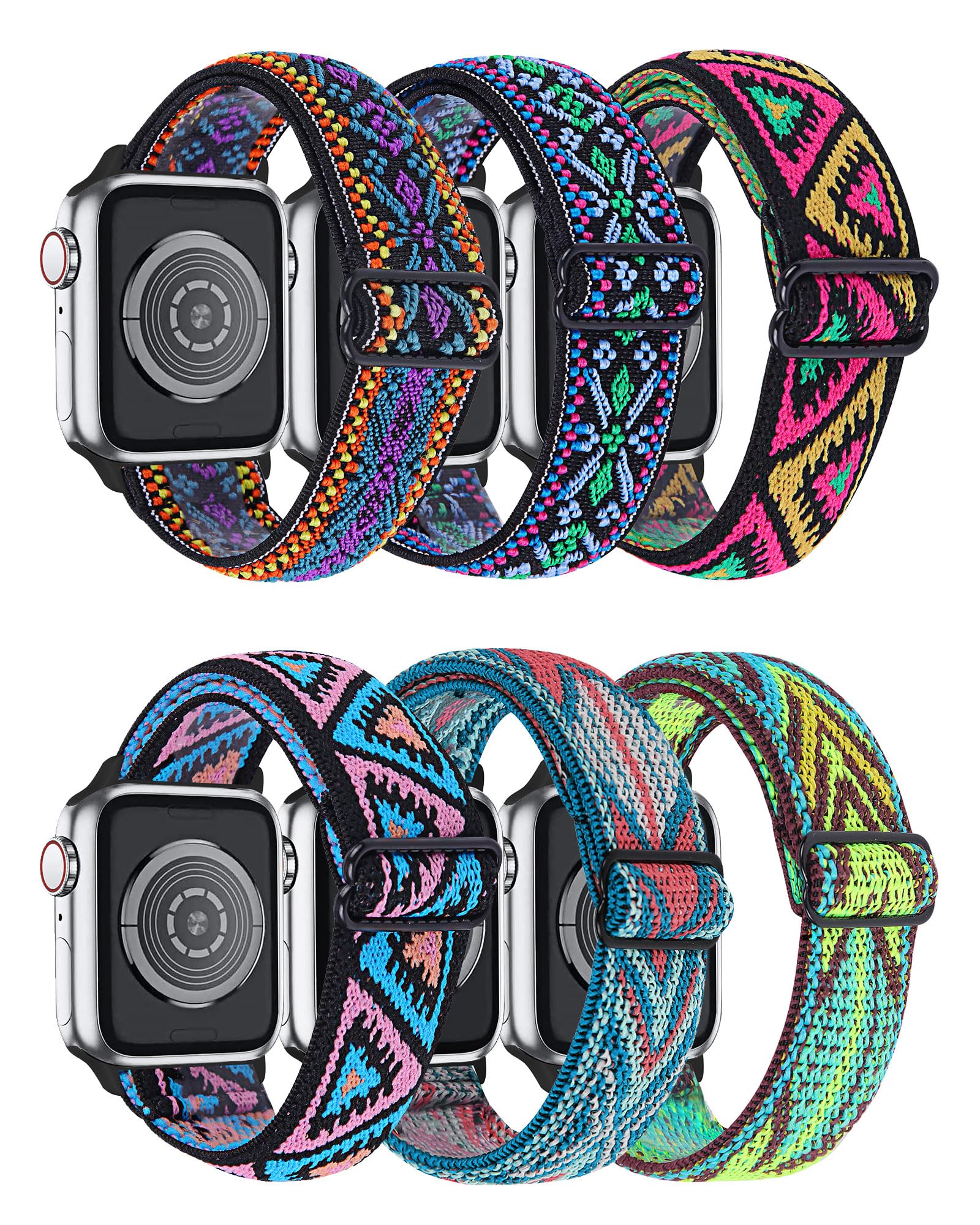 HYZ Compatible with Stretchy Apple Watch Bands for Women 41mm 40mm 38mm 44mm 45mm 49mm Ultra Solo Loop Band, Soft Elastic Braided Strap (6 Pack) (42/44/45/Ultra 49mm)