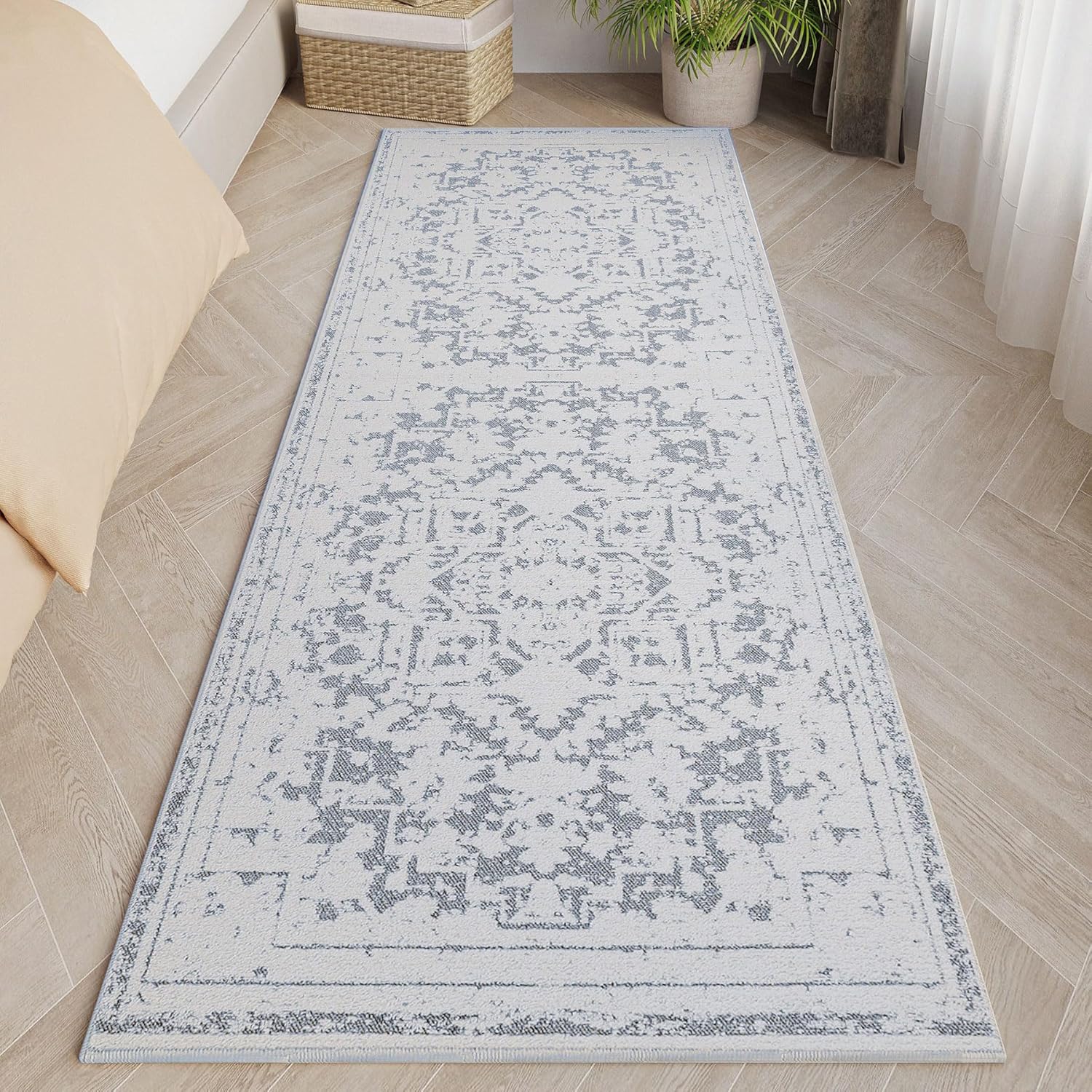 Vintage Runner Rug Non Slip for Hallway Bathroom Kitchen 2x10 ft, Ultra Soft Boho Carpet Runner with Low Pile Design Machine Washable Runner Rugs for Entryway Laundry Living Room (Grey)