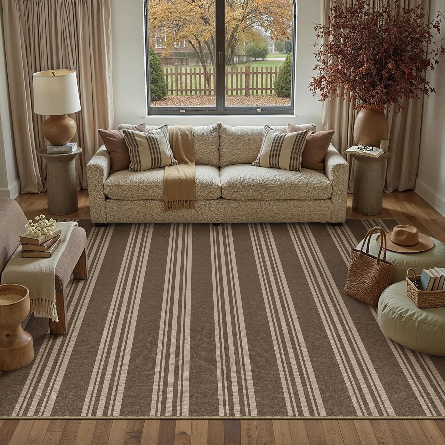 PureCozy Striped Easy Jute 5x7 Area Rugs Brown Washable Outdoor Patio Rug for Living Room Indoor Outdoor Carpet Non Slip Office Farmhouse Neutral for Backyard Balcony Porch Bedroom Dining Room