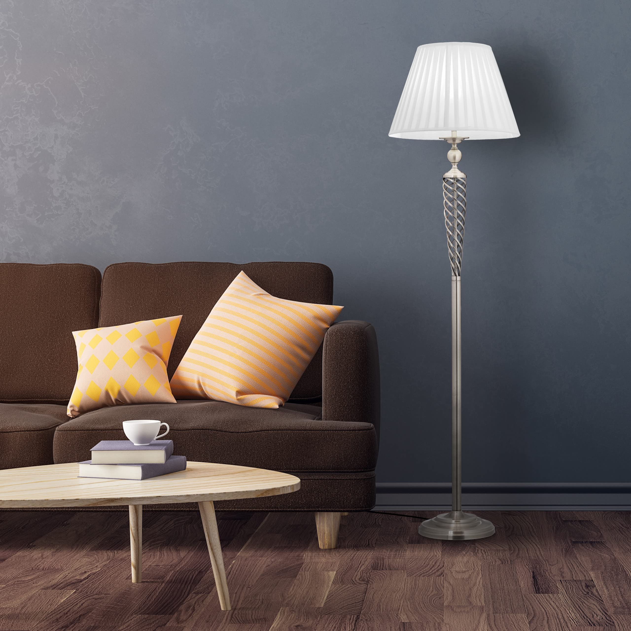 Relaxdays Stehlampe antik, Stoffschirm, dekorativer Metallfuß, E27, Standleuchte Wohnzimmer, HxD: 157x42cm, silber/weiß