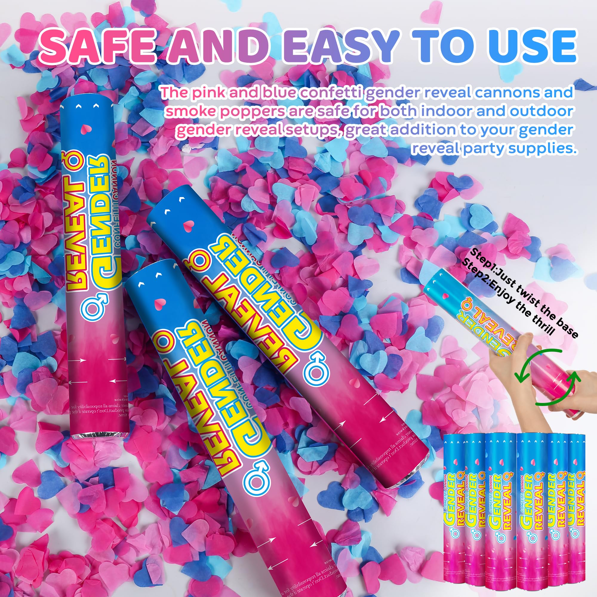 Konfetti-Kanone in Herzform, 30,5 cm, Rosa und Blau, 6 Stück