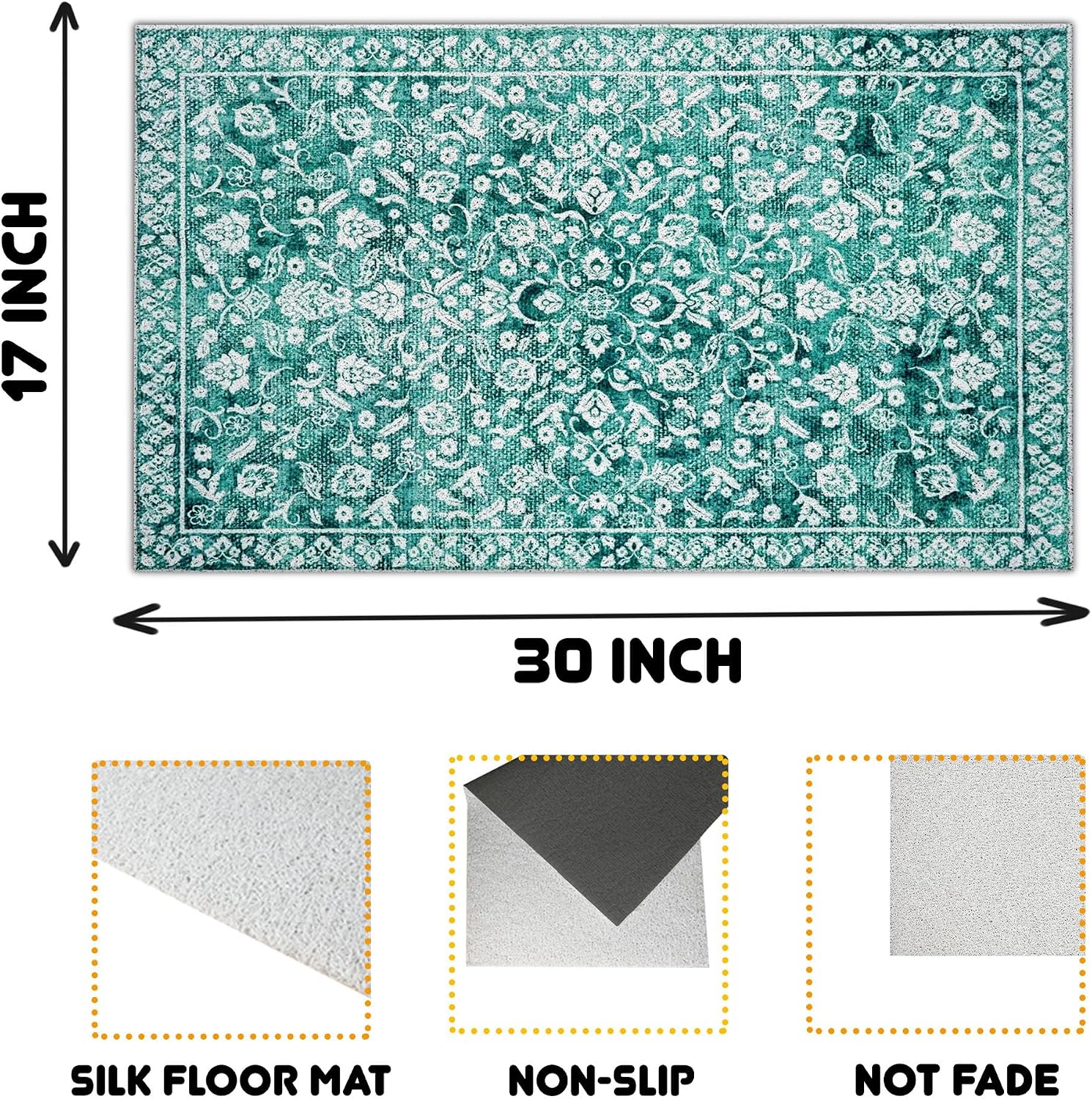 Vintage Turquoise Floral Door Mat, Boho Abstract Oriental Doormat Bathmat for Indoor Outdoor Entrance Porch, Mid Century Modern Flower Welcome Mats for Front Door Entryway, 17x30 Inches