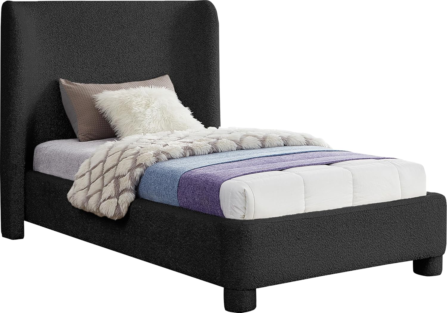 Meridian Furniture B1206Black-T Penny Collection Modern | Contemporary Twin Bed with Rich Black Boucle Fabric, Curved Headboard, 52" W x 82.5" D x 52" H, Black, Twin