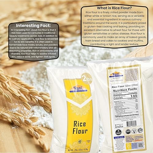 Miniatura 4 de Harina de arroz Rani (blanco) 32 onzas (2 libras) 32.03 oz  Todo natural  Apto para gluten  Vegano  Sin OMG  Kosher  Origen indio
