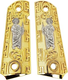 Gold Plated St. Jude Metal Grips for 1911 Full Size Government – Custom Ornamental Grip Panels with Ambi Cut Design and Matching Screws Included for Full Size Frames