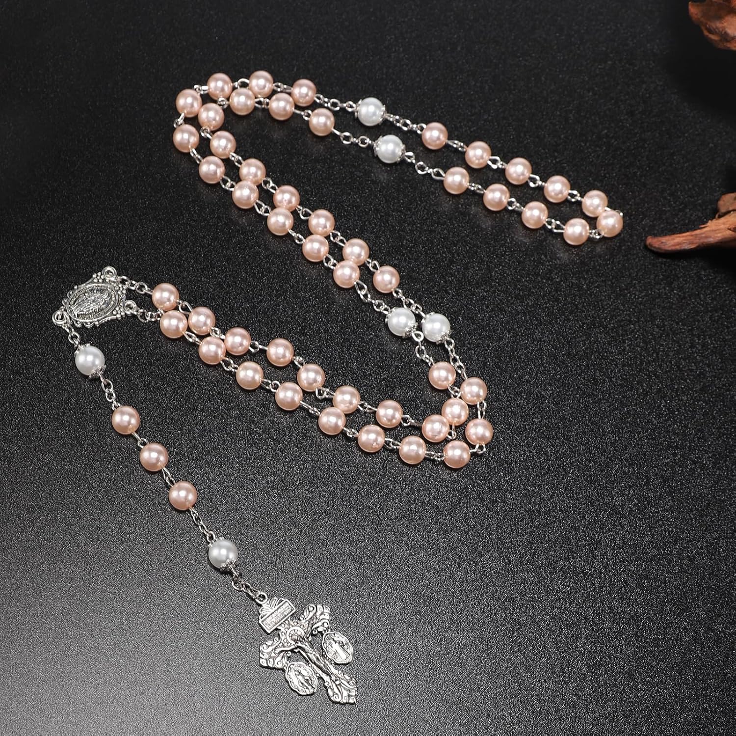 Catholic Pink Pearl Beads Rosary Necklace for Women,Rosaries Catholic Pardon Crucifix La Cruz Del Perdon Catolica,Crucifijo Del Perdon Rosarios Catolicos Para Mujer,Baptism Rosary Gift for Women - Image 3