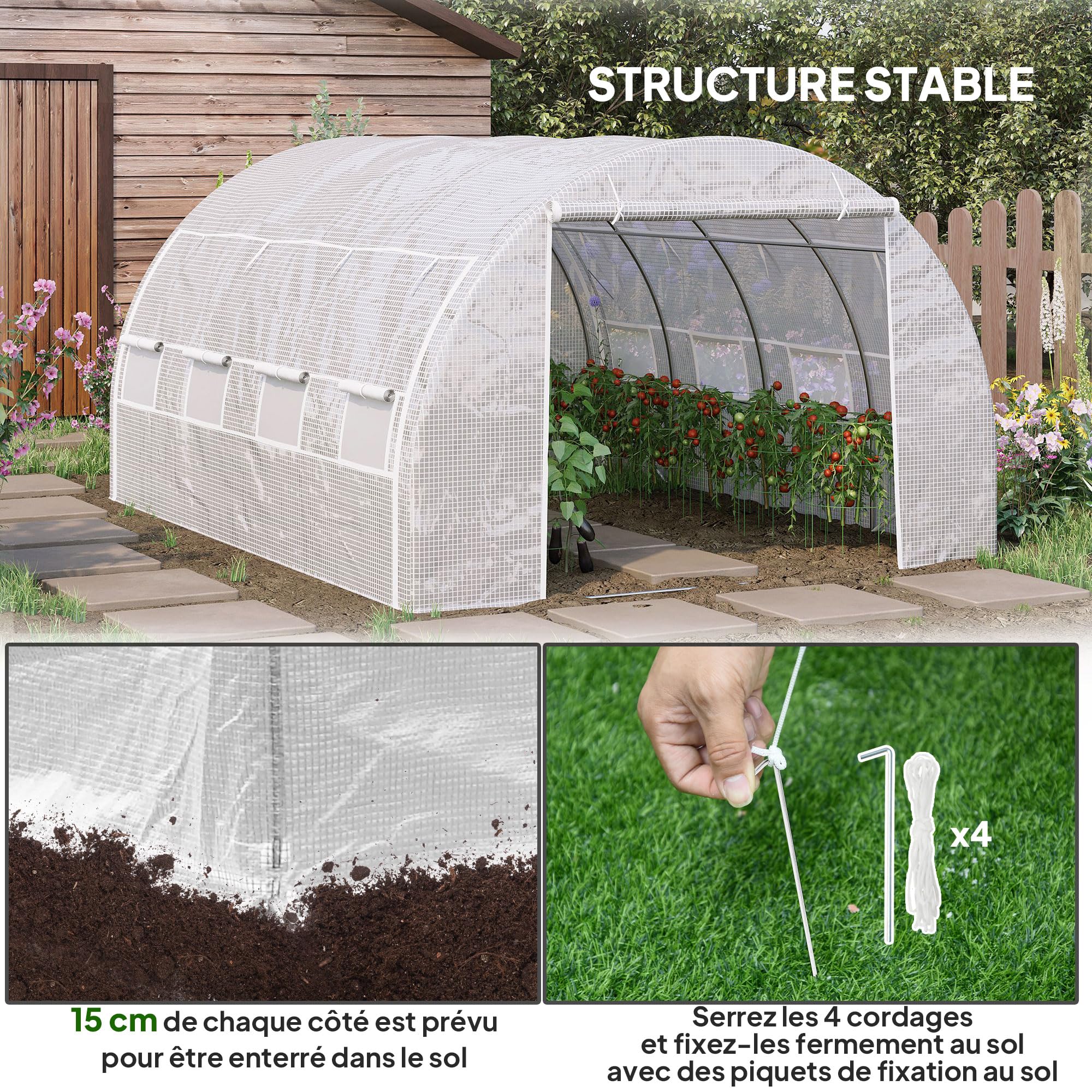 Outsunny Serre de Jardin 12 m² dim. 4L x 3l x 2H m avec Porte + parois latérales zippées enroulables, 8 fenêtres, Acier PE Haute densité 140 g/m² Anti-UV Blanc