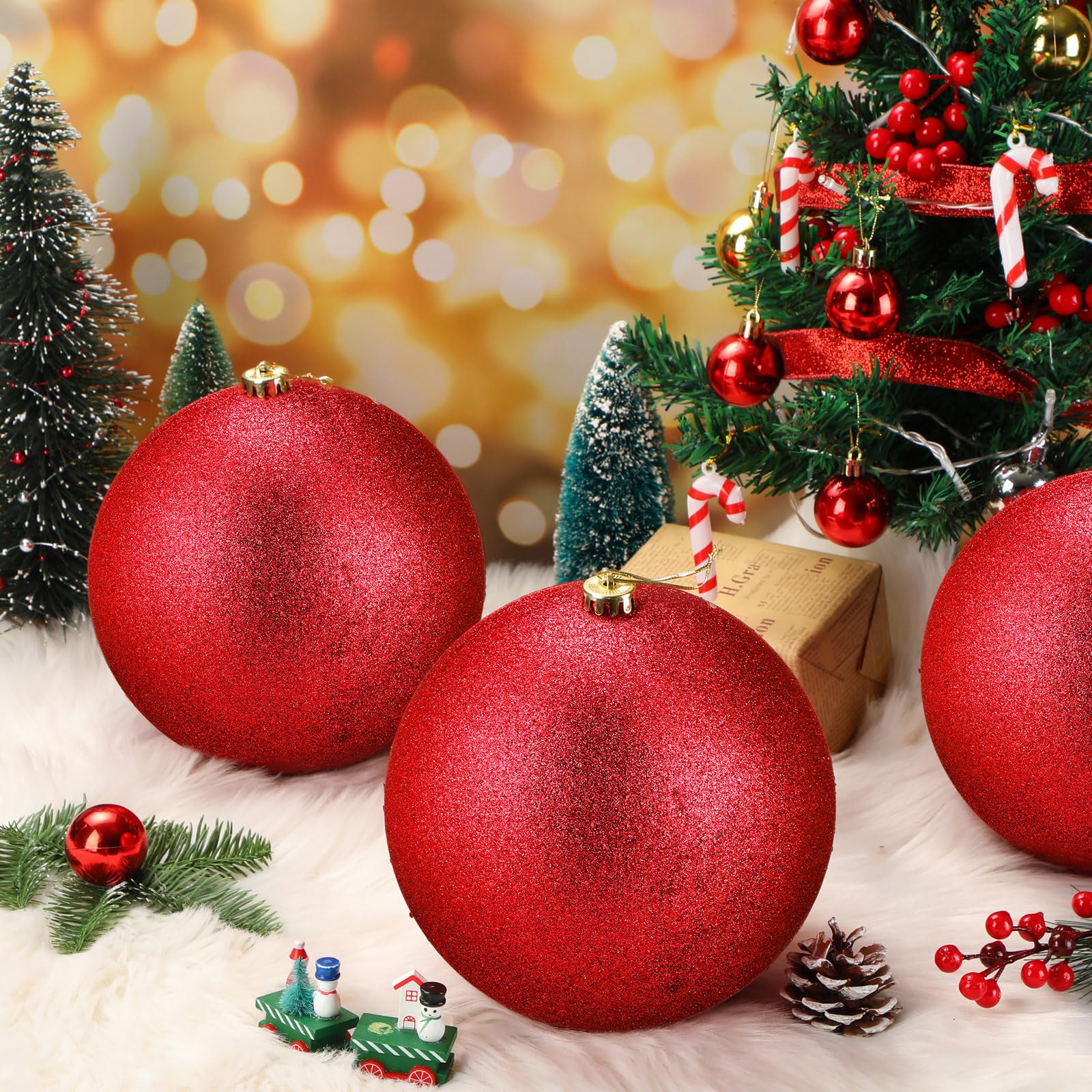Zubebe 4 adornos de bola de Navidad extra grandes con purpurina de 200 mm, bola de Navidad gigante de plástico de gran tamaño, adornos colgantes para árbol de Navidad para decoración de fiestas al