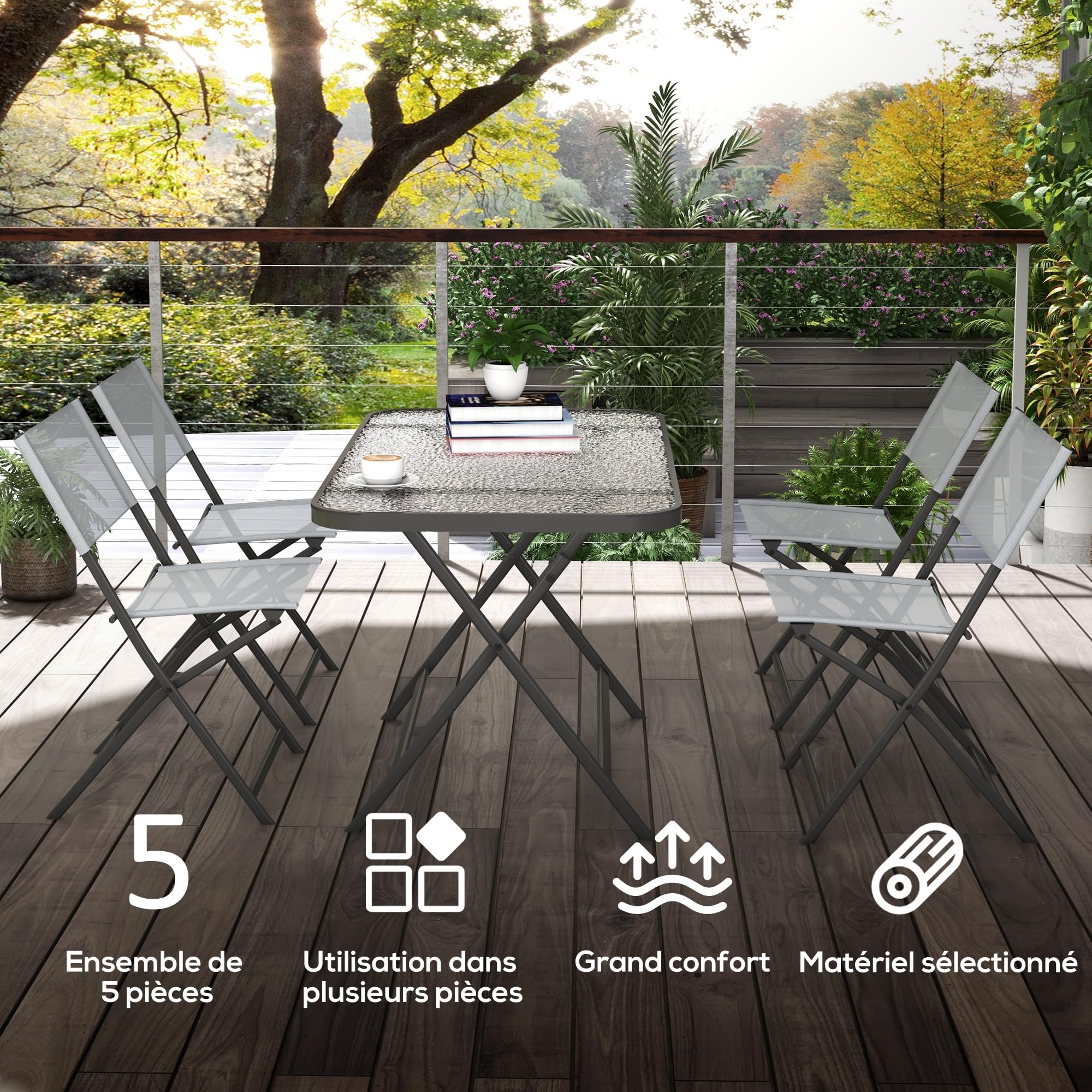 Outsunny Ensemble de Jardin 4 chaises + 1 Table Salon de Jardin 5 pièces pilables chaises textilènes et Plateau en Verre trempé Gris