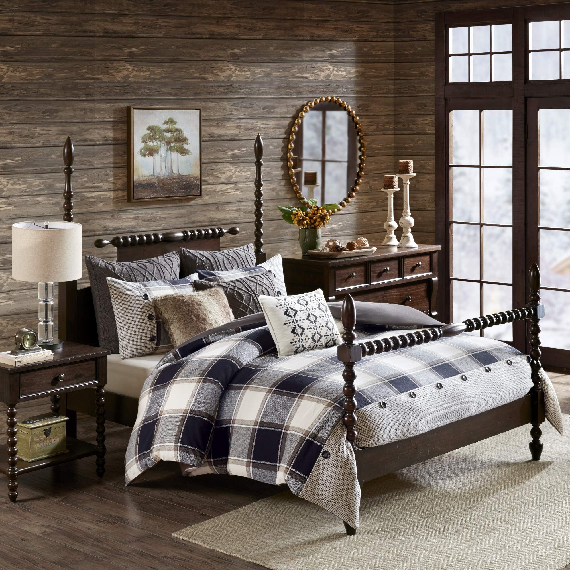 Madison ParkAll Season Bedding Combo Filled Insert and Removable Duvet Cover, Matching Shams, Decorative Pillows, Cotton, Urban Cabin, Plaid Brown, Queen
