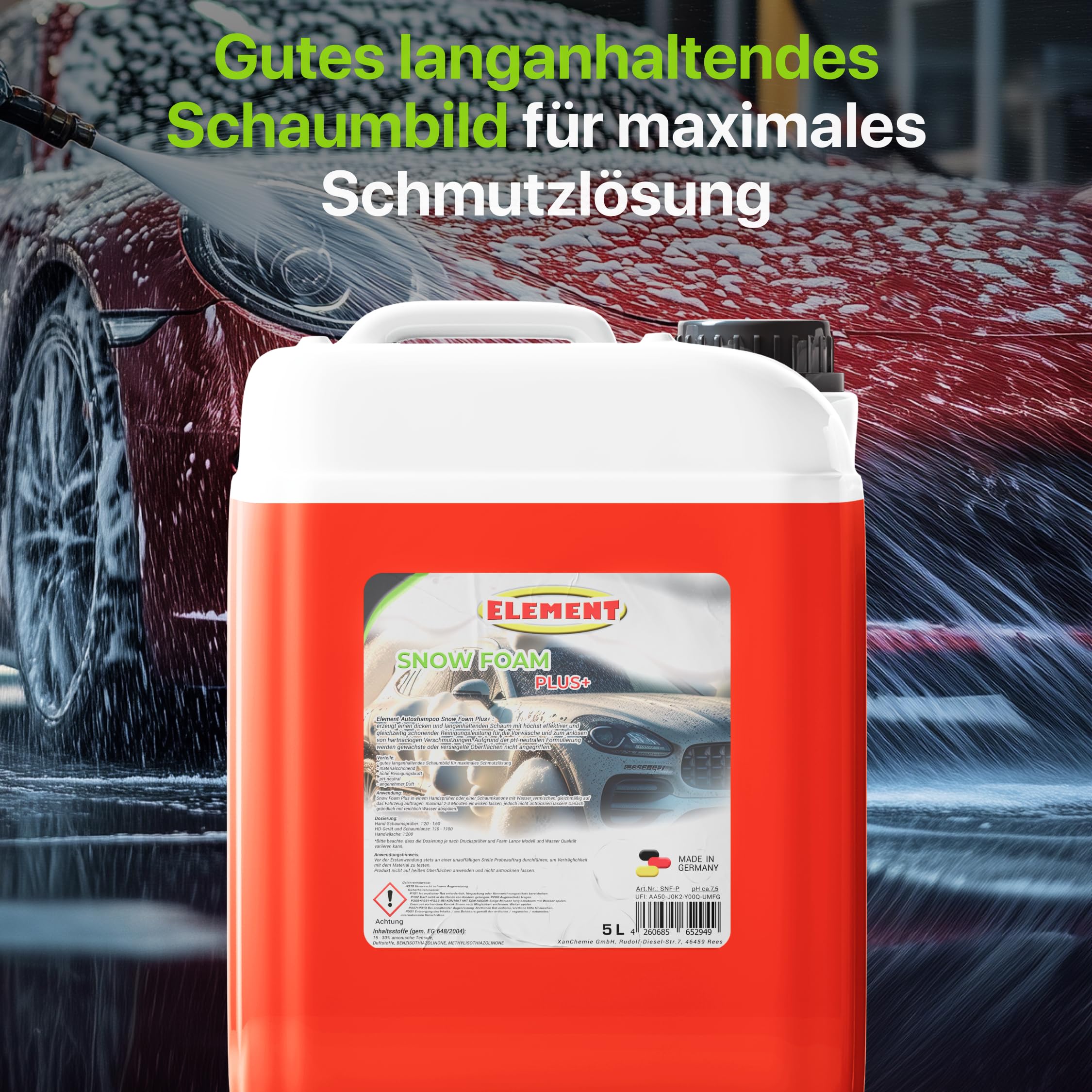 SNOW FOAM PLUS | pH-neutral | Autoshampoo | 5 Liter | Fahrzeugreiniger mit Duft | schonende Vorwäsche mit dichtem Schaum