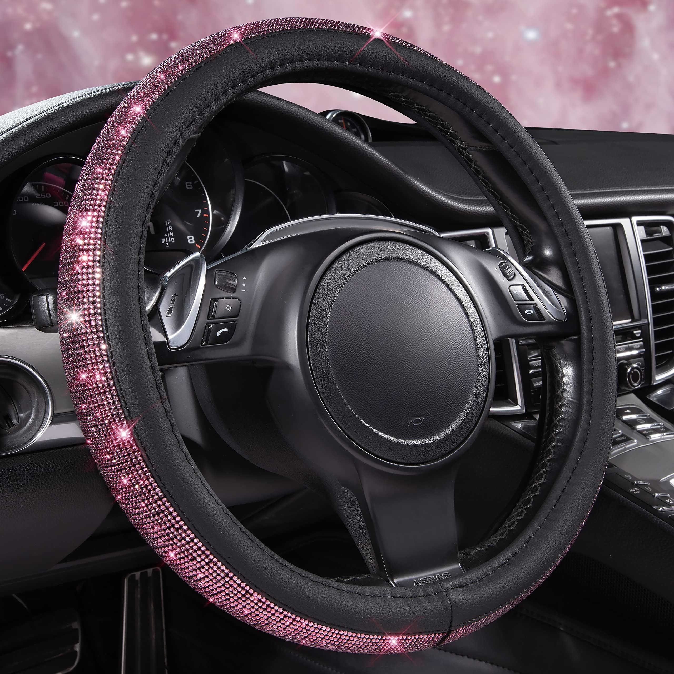 CAR PASS Bling Diamond Leather Steering Wheel Cover, Bling Sparkly Crystal Glitter Rhinestones Universal Fit 14" 1/2-15" Car Wheel Protect for Women Girl Fit Suvs,Vans,Sedans,Cars,Trucks, Pink Black