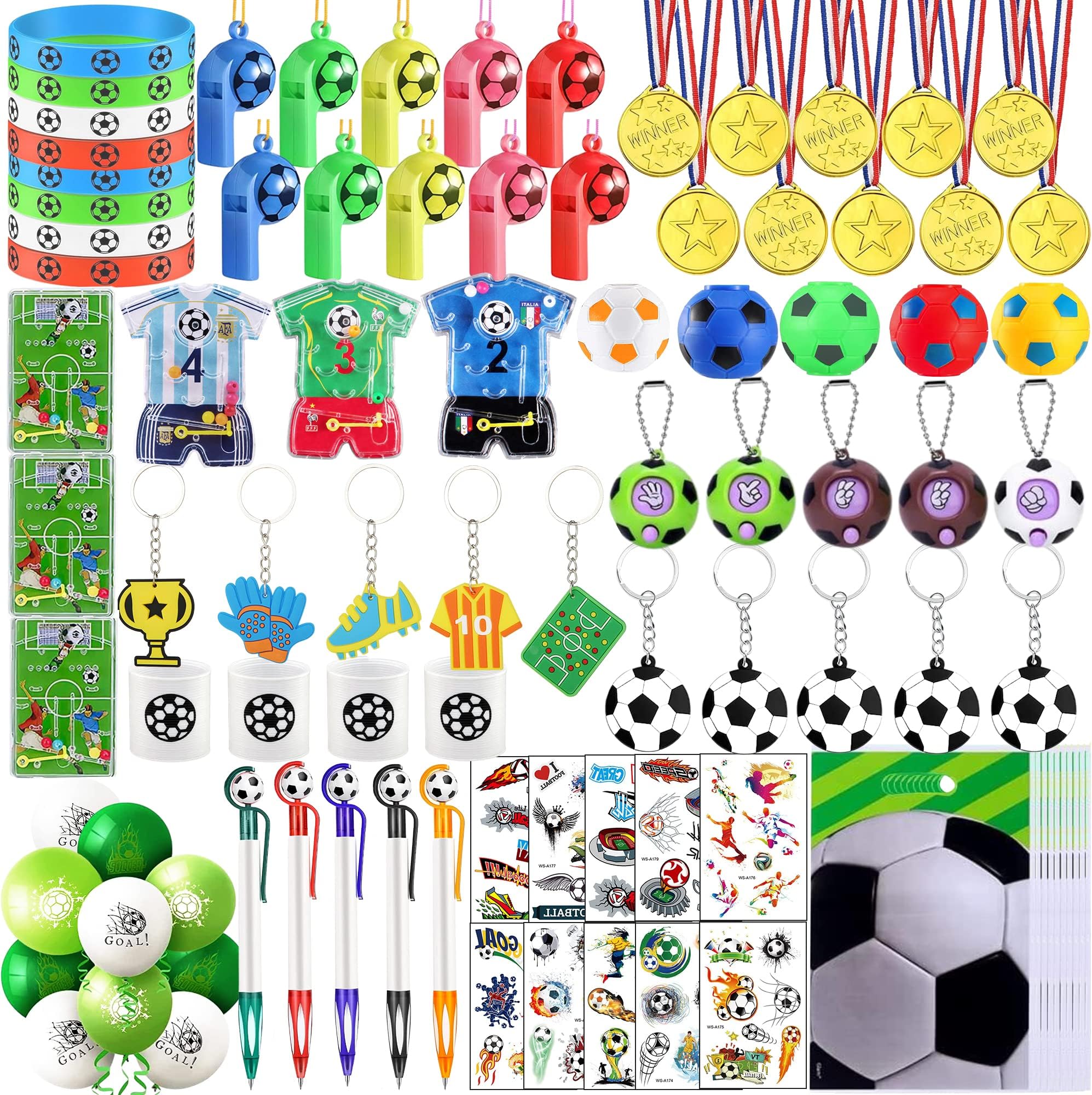 Chennyfun Football Party Bags Fillers for Kids, 93 Pcs Football Supplies, Football Keychains, Wristbands, Whistles, Stickers, Soccer Party Favours Birthday Gift School Rewards for Boys Girls