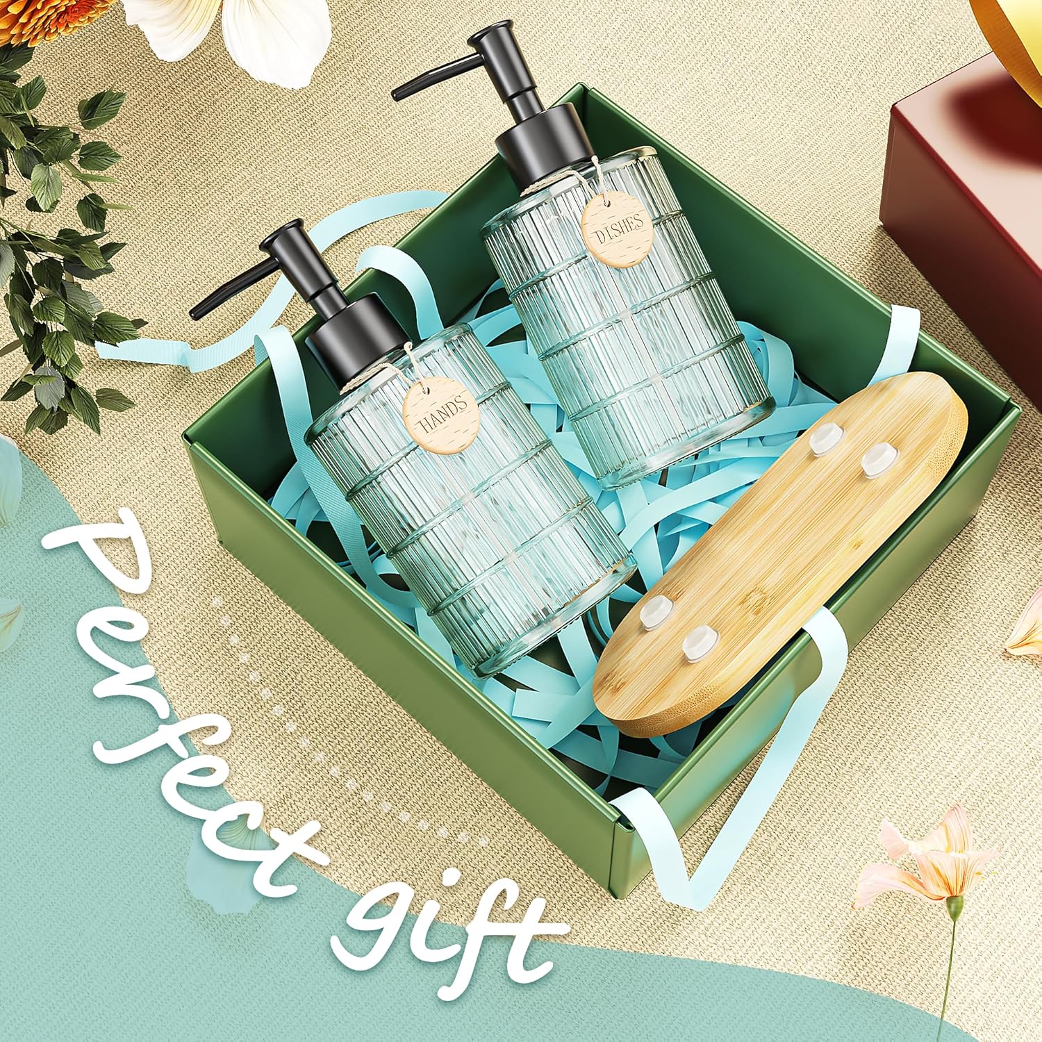 MASADI Soap Dispenser Set with Bamboo Tray, Dish and Hand Soap Lotion Dispenser Set with Wooden Pump for Kitchen and Bathroom Decor for Counter, Modern Vintage Liquid Soap Dispensers (Clear) - Image 7