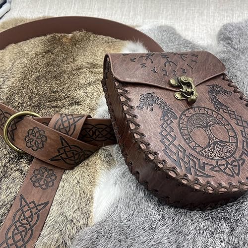 Miniatura 4 de HiiFeuer Cinturón medieval con anillo tórico en relieve con cinturón nórdico en relieve, cinturón de piel sintética vintage y bolsa para cinturón
