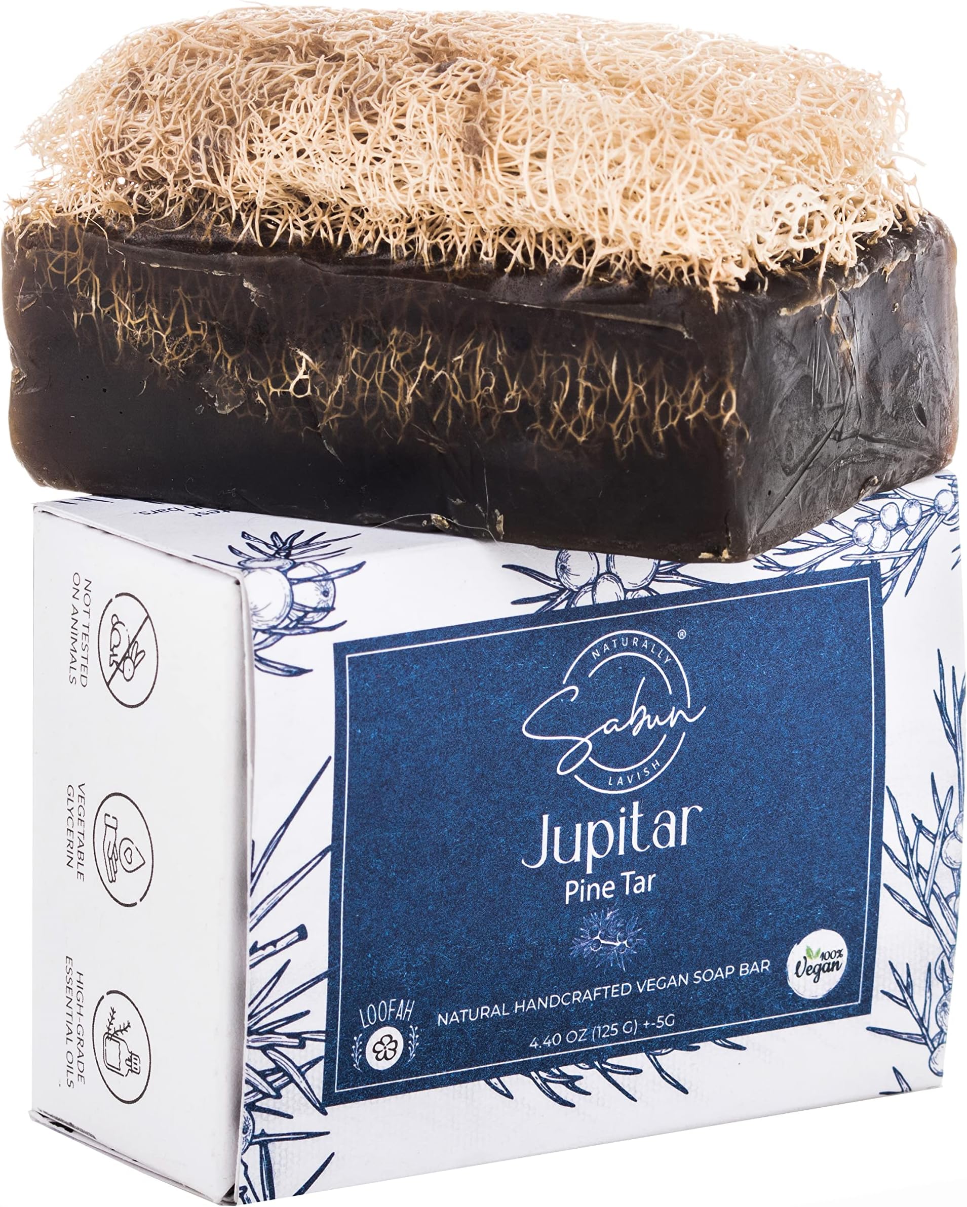 Tar Soap with Loofah - Natural Exfoliating Soap Bar for Men - Smells Like Smoked Woody Pine - Handmade with Pine Tar, Jojoba Oil, Witch Hazel - Black Soap Bar for Body Scrub [4.40 oz - 125 gr]