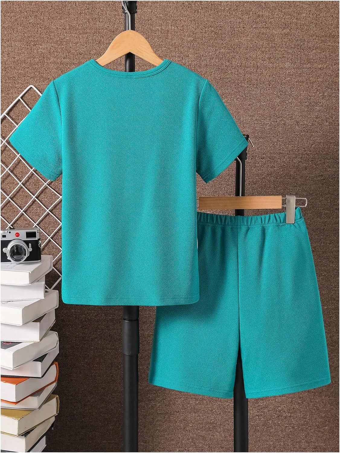 Floerns Boy's 2 Piece Outfits Letter Print Colorblock Short Sleeve Tops with Track Shorts Set - Image 2