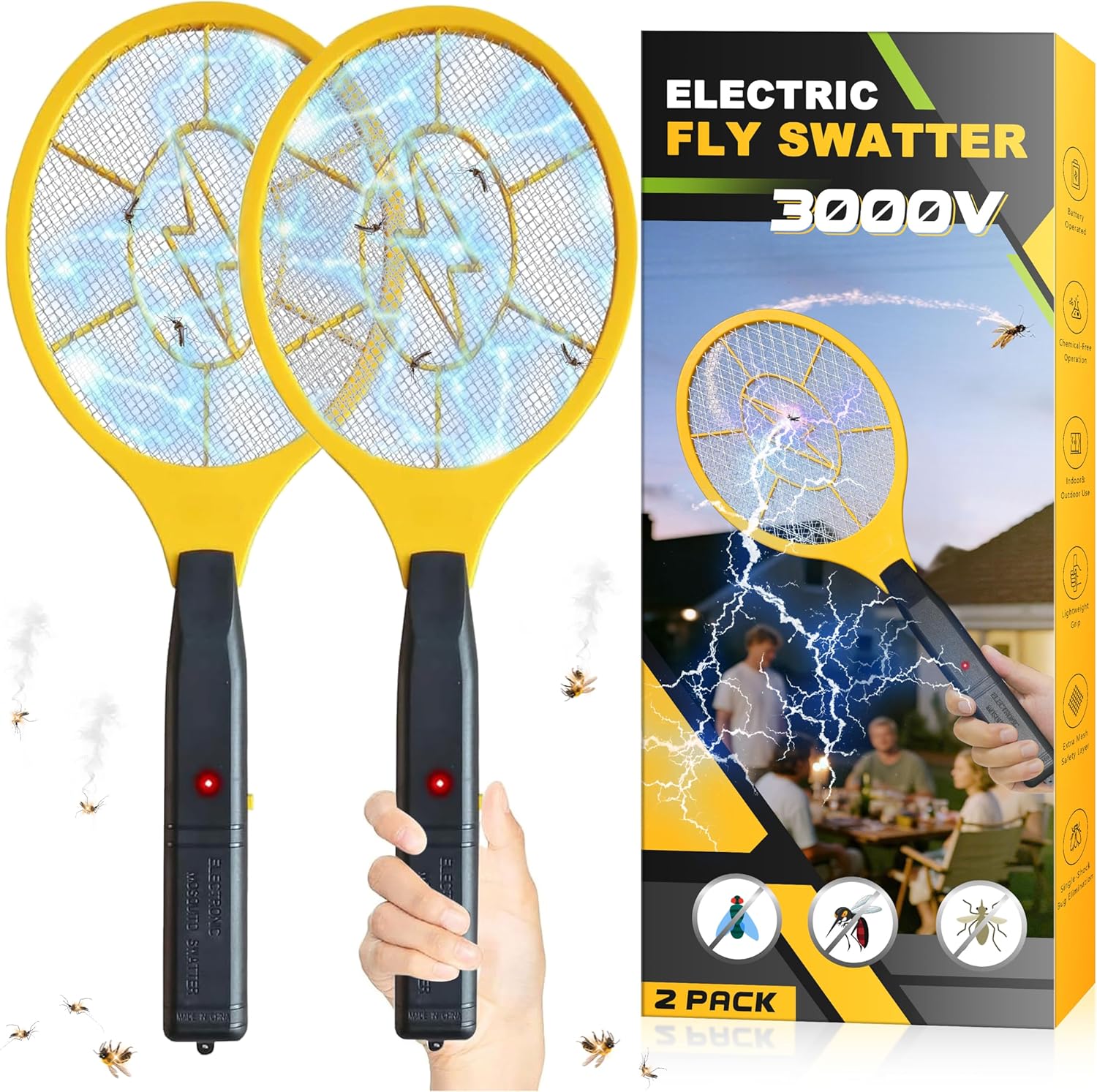 2 Pack Bug Zapper Electric Fly Swatter Zapper - Indoor Outdoor Zapping Racket for Pest Control - Safe to Touch with 3-Layer Safety Mesh