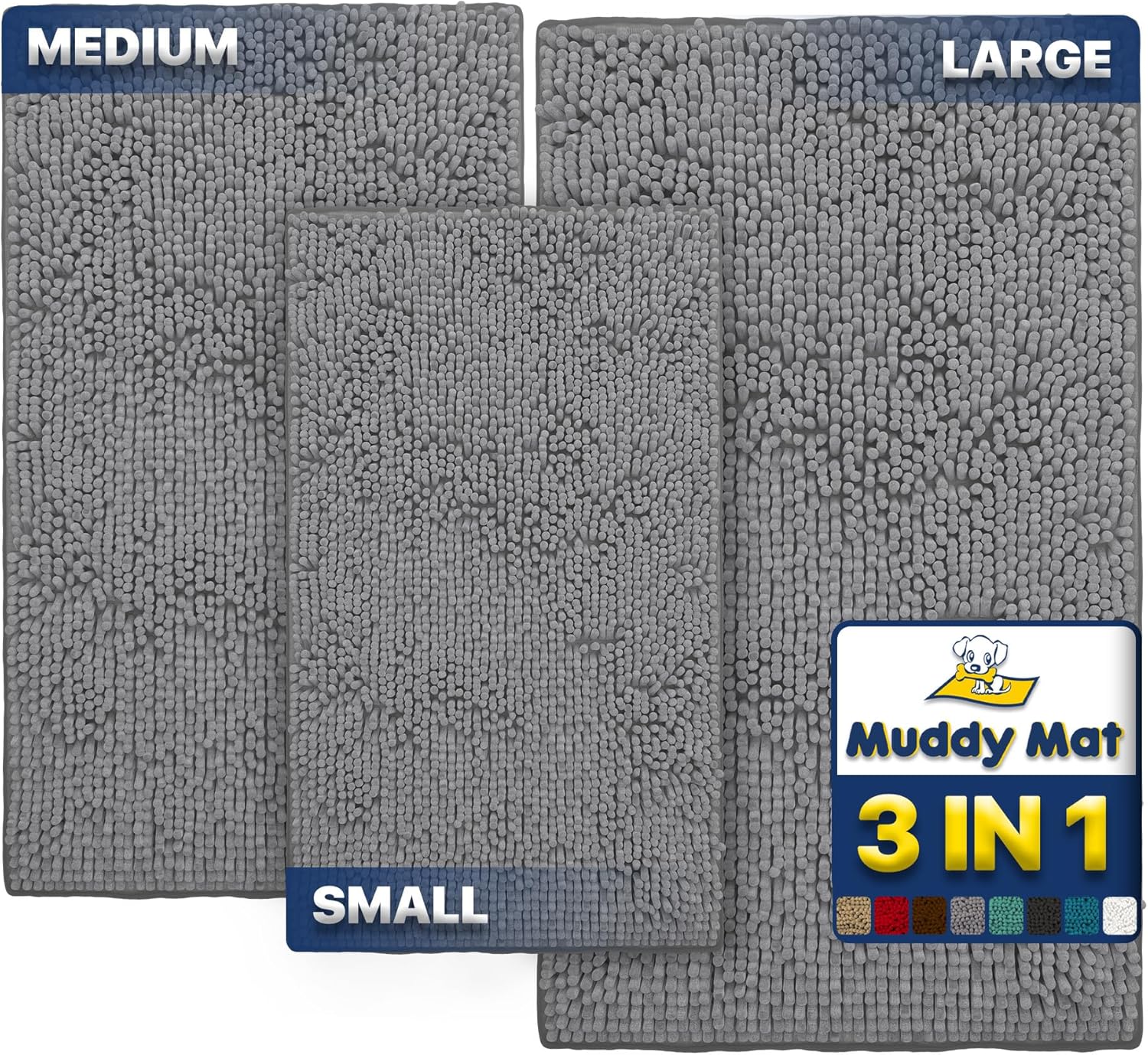 Muddy Mat® Pack of 3 Highly Absorbent Microfiber Dog Door Mat and Pet Rug, Non Slip Thick Washable Area Mat Soft Chenille for Kitchen Bathroom Bedroom and Outdoor - Grey Small, Medium & Large