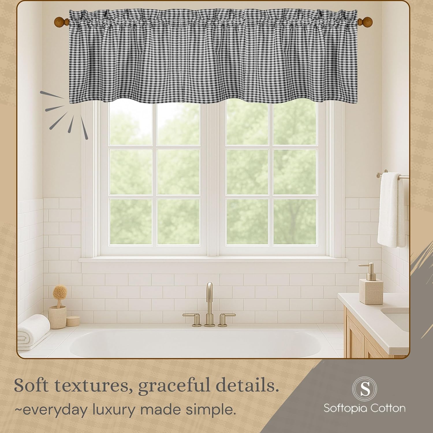 Mini Gingham Check Valance Curtains, 2 Pack, 54x18 Inches, 100% Cotton Rod Pocket Kitchen Window Valances for Farmhouse, Café, Bedroom, Bathroom and Living Room - Grey White