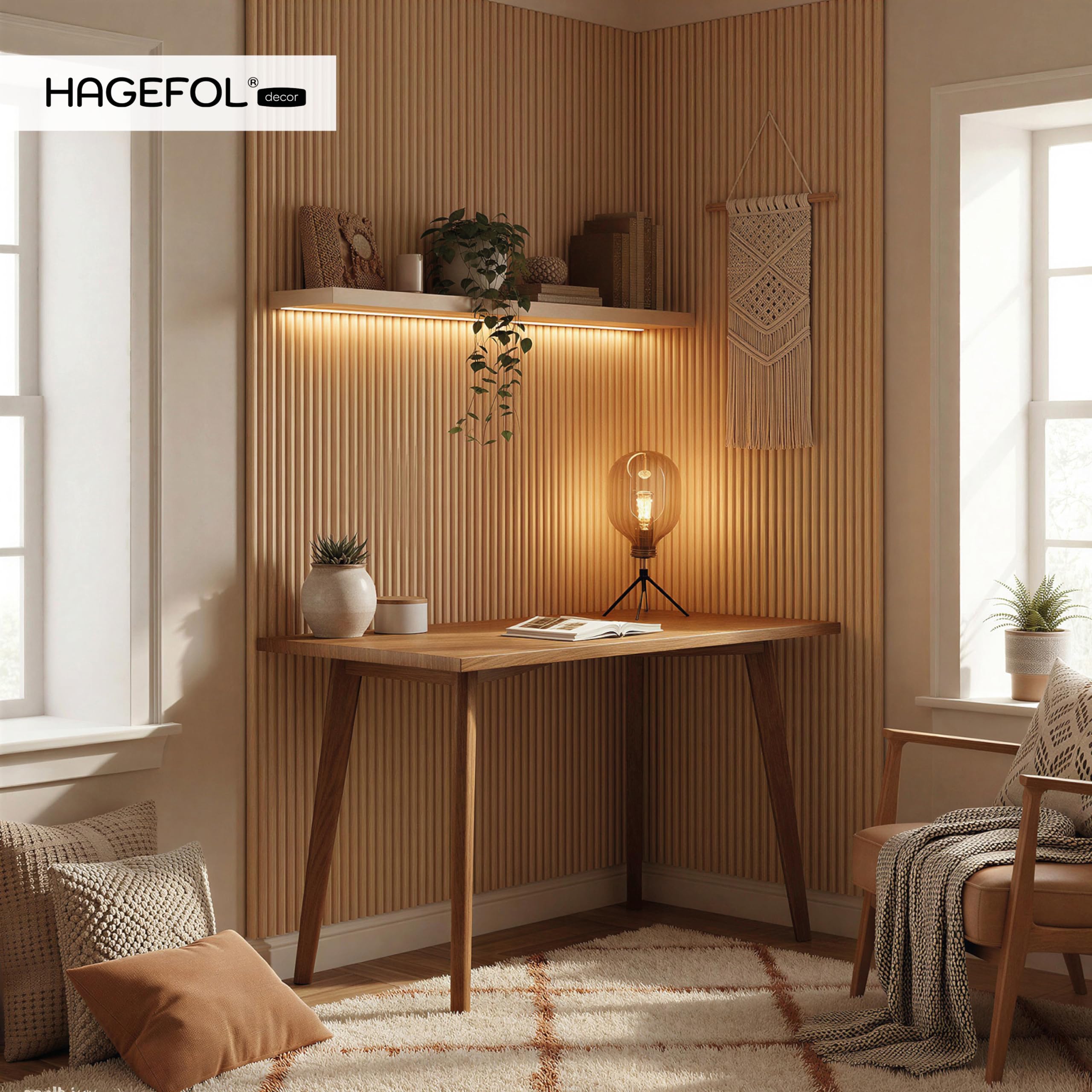 HAGEFOL® CurvedLine panneaux acoustiques en bois 240x60 cm, couleur: chêne, lamelles rondes, panneaux muraux 3D en placage de bois, plaques d'insonorisation (2 pièces á 240x30cm) | lamelles rondes