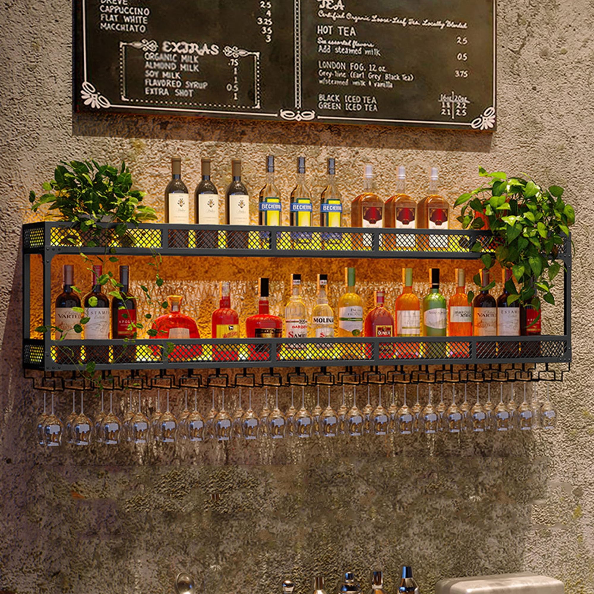 Comptoir de bar flottant lumineux LED avec support verre suspendu pour design intérieur