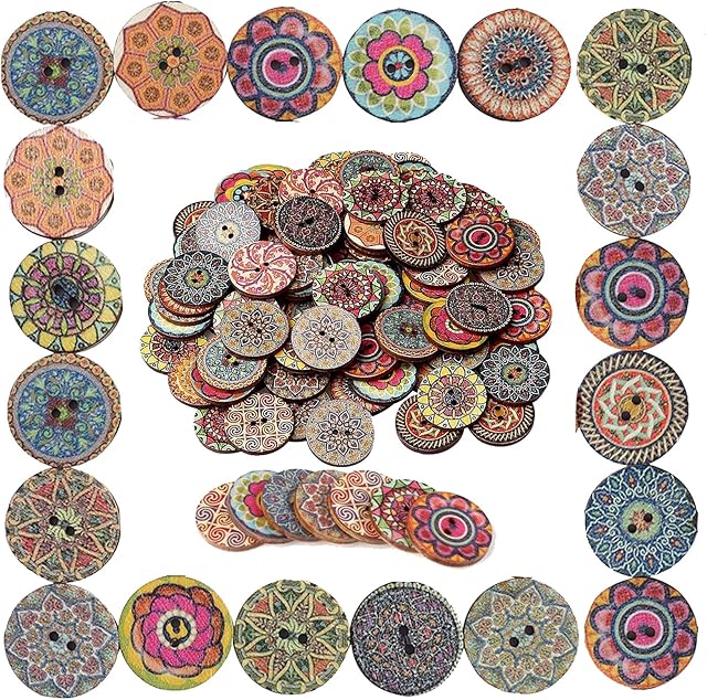QincLing 50 PCS Wooden Buttons, 1 Inch Vintage Round Buttons Retro Buttons Geometric Buttons Assorted Buttons Large Buttons Flower Buttons with 2 Holes for DIY Clothes Sale Sewing Knitting Crafts