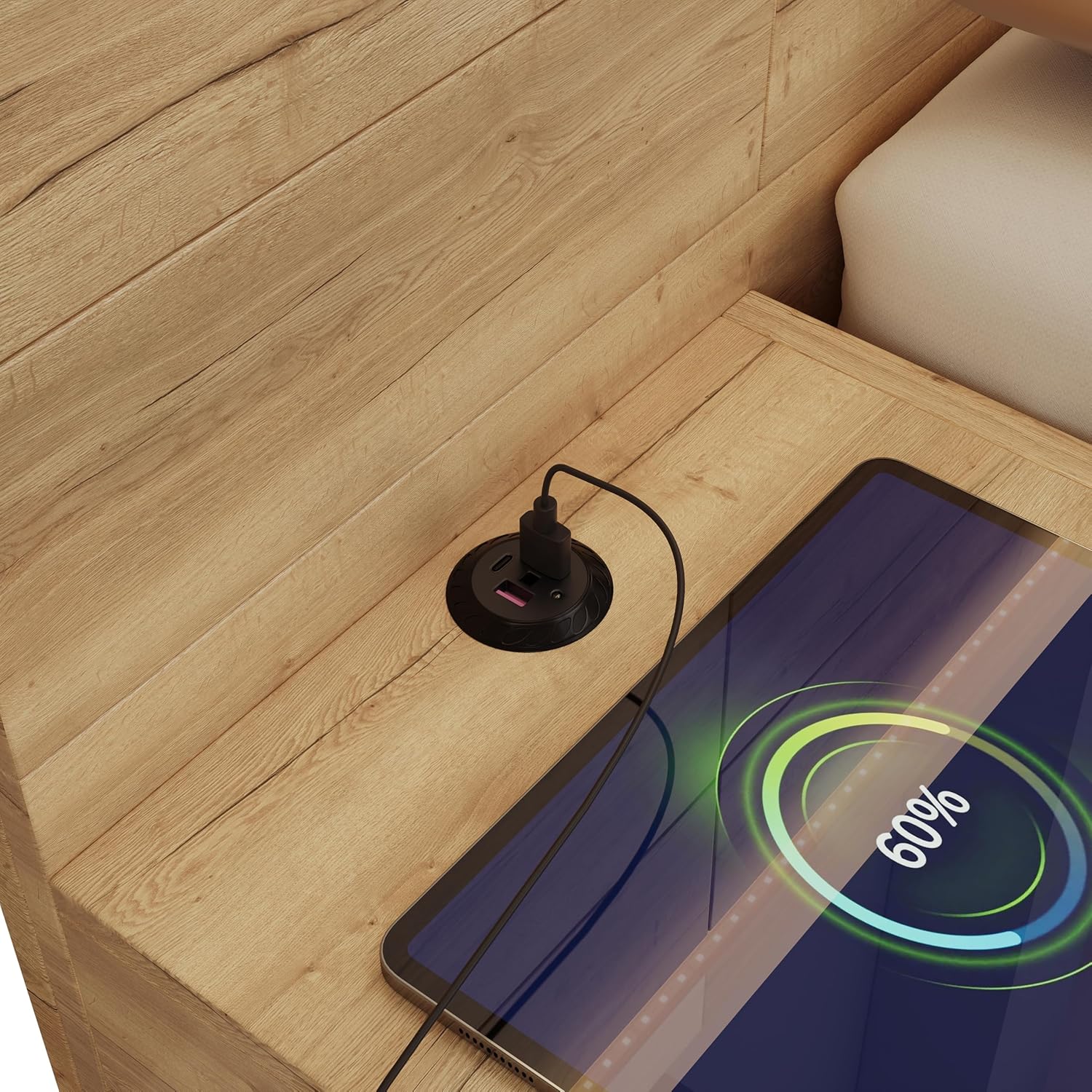 Close-up of the integrated USB and Type-C charging port on the Moimhear bed's nightstand.