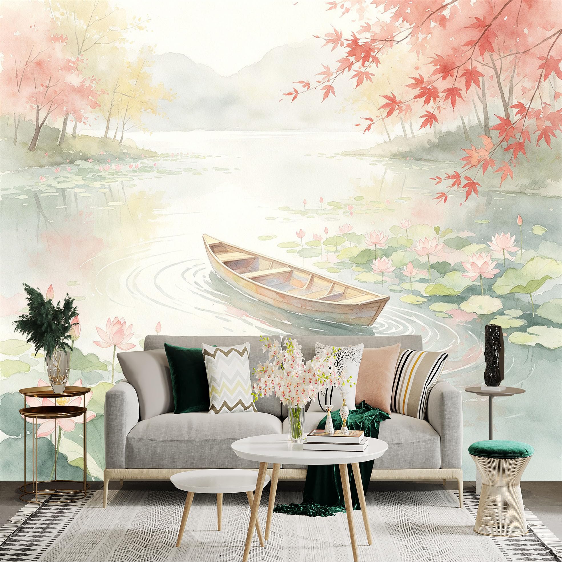 Custom Size Wall Sticker Mural， Watercolor Lotus Pond， Peaceful Small Boat， Serene Autumn Maple Leaves， for wall Decoration， peelandstick wall Decals.