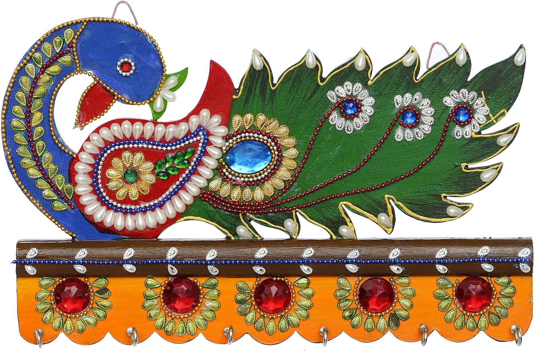 JaipurCrafts Beautiful Peacock Wooden Key Holder for Home and Office Decor (8 in x 12 in, Multicolor)