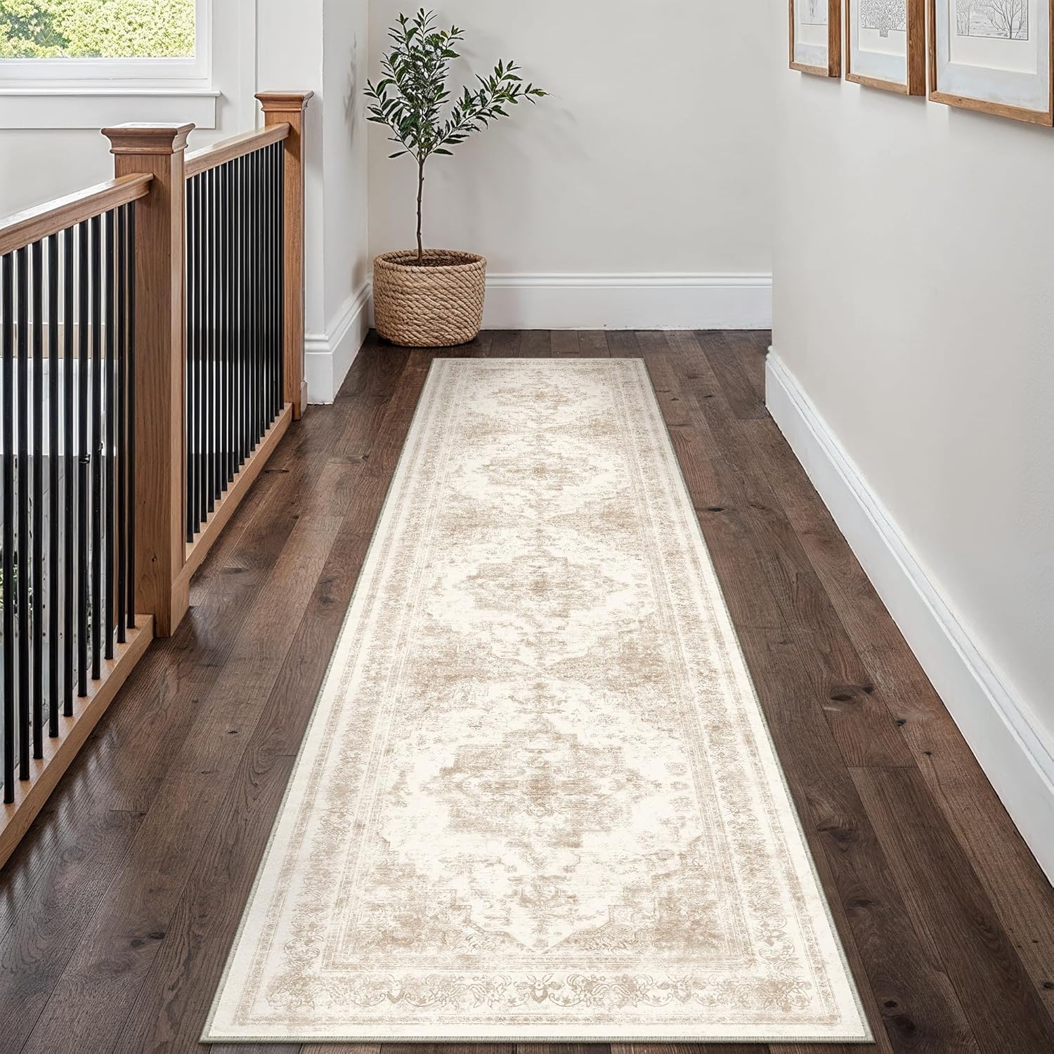 Runner Rug 3x10 Cream Hallway Washable Beige Carpet Non Slip Vintage Medallion Beige Carpet Low Pile Soft Distressed Retro Indoor Long Rug for Entryway Kitchen Bathroom Laundry Bedroom