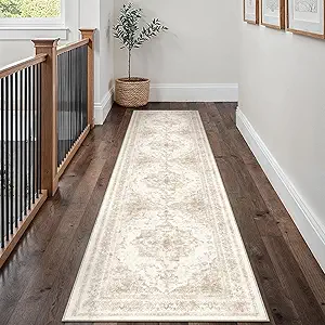 Runner Rug 3x10 Cream Hallway Washable Beige Carpet Non Slip Vintage Medallion Beige Carpet Low Pile Soft Distressed Retro Indoor Long Rug for Entryway Kitchen Bathroom Laundry Bedroom