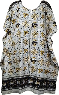 Indiatrendzs Womens Caftan Midi Dress Recycled Sari Off White Black Printed Summer Beach Cover Up Dress One Size