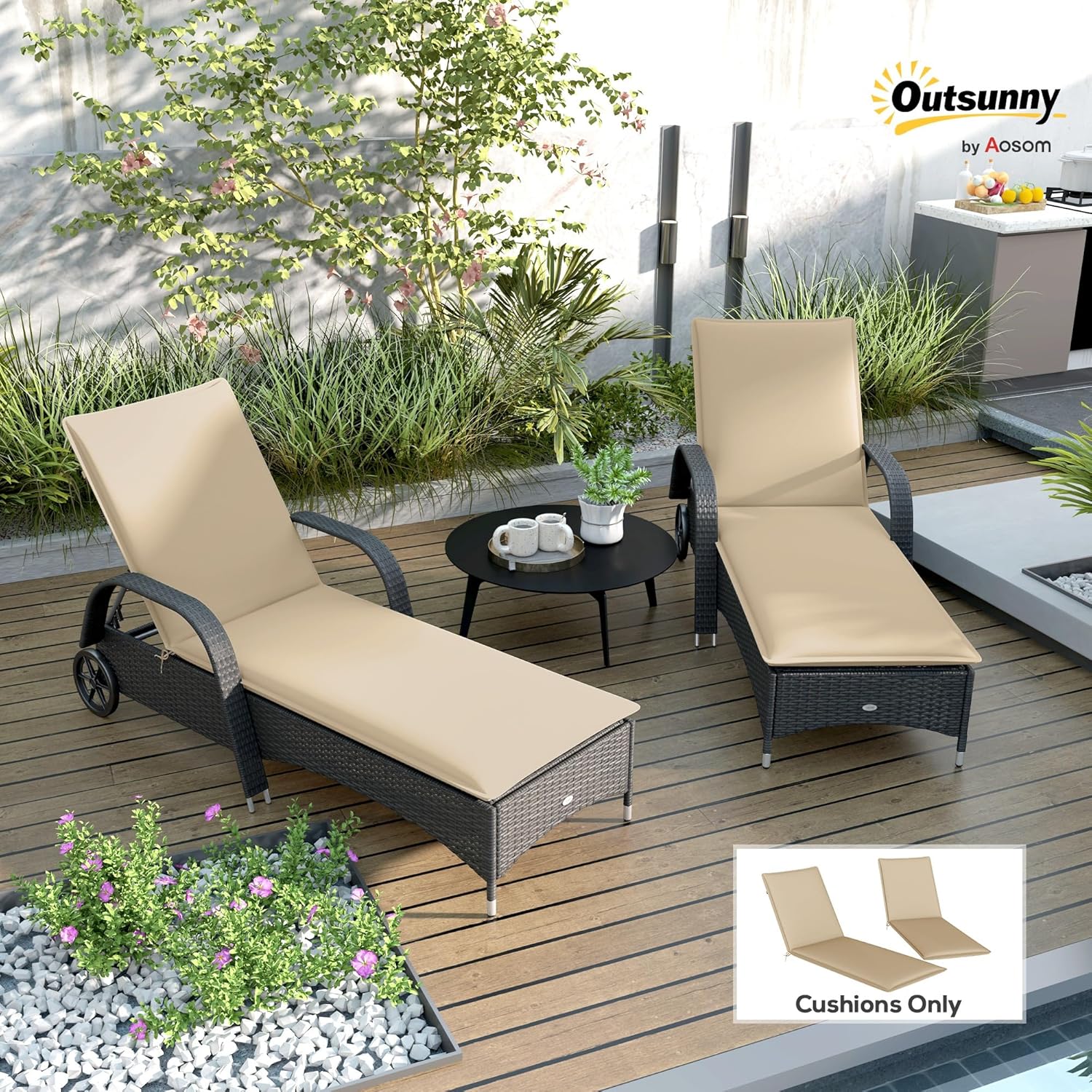 Outsunny Outdoor Lounge Chair Cushion Set of 2, UPF50+ 200gsm Fabric and 25D High-Density Foam, Foldable Patio Chaise Lounge Cushion Set, Fade Resistant for Lawn Pool, 76" x 23", Beige