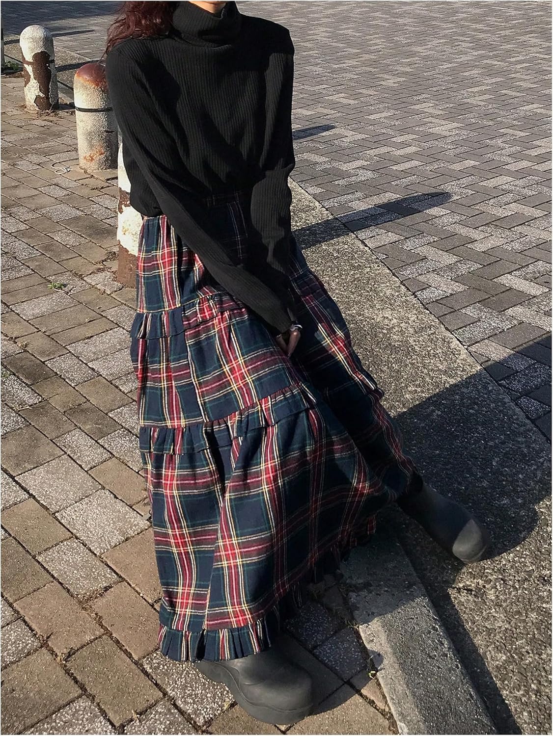 SOLY HUX Women's Plaid Maxi Skirt Elastic High Wasited Tiered Ruffle A Line Flowy Long Skirts - Image 4