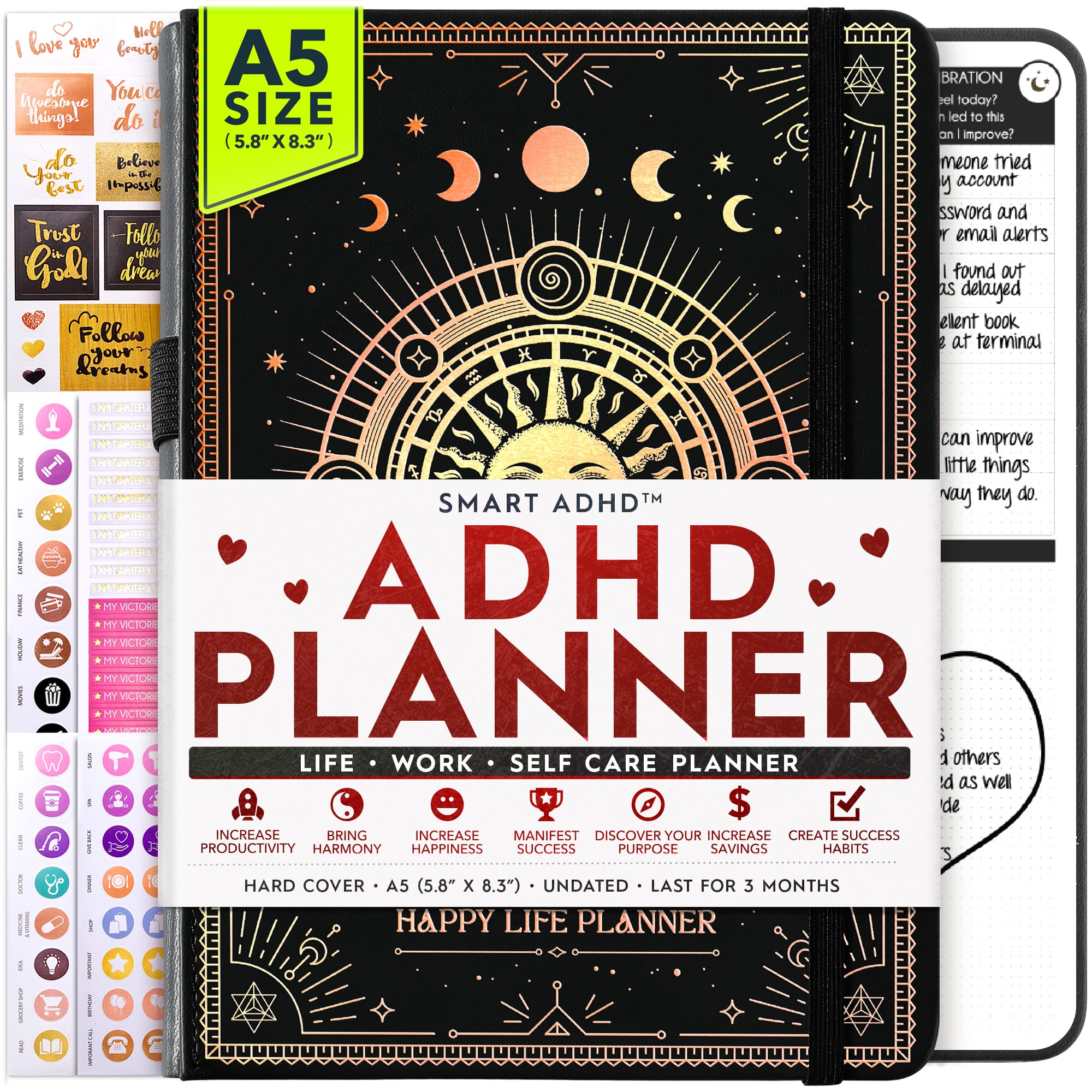 Adhd Daily Planner - A Self Care Personal Gratitude Journal to Increase Productivity and Success in Life & Work, Weekly & Monthly Undated Planner for Women and Men, Vision Board & Organizer + Stickers