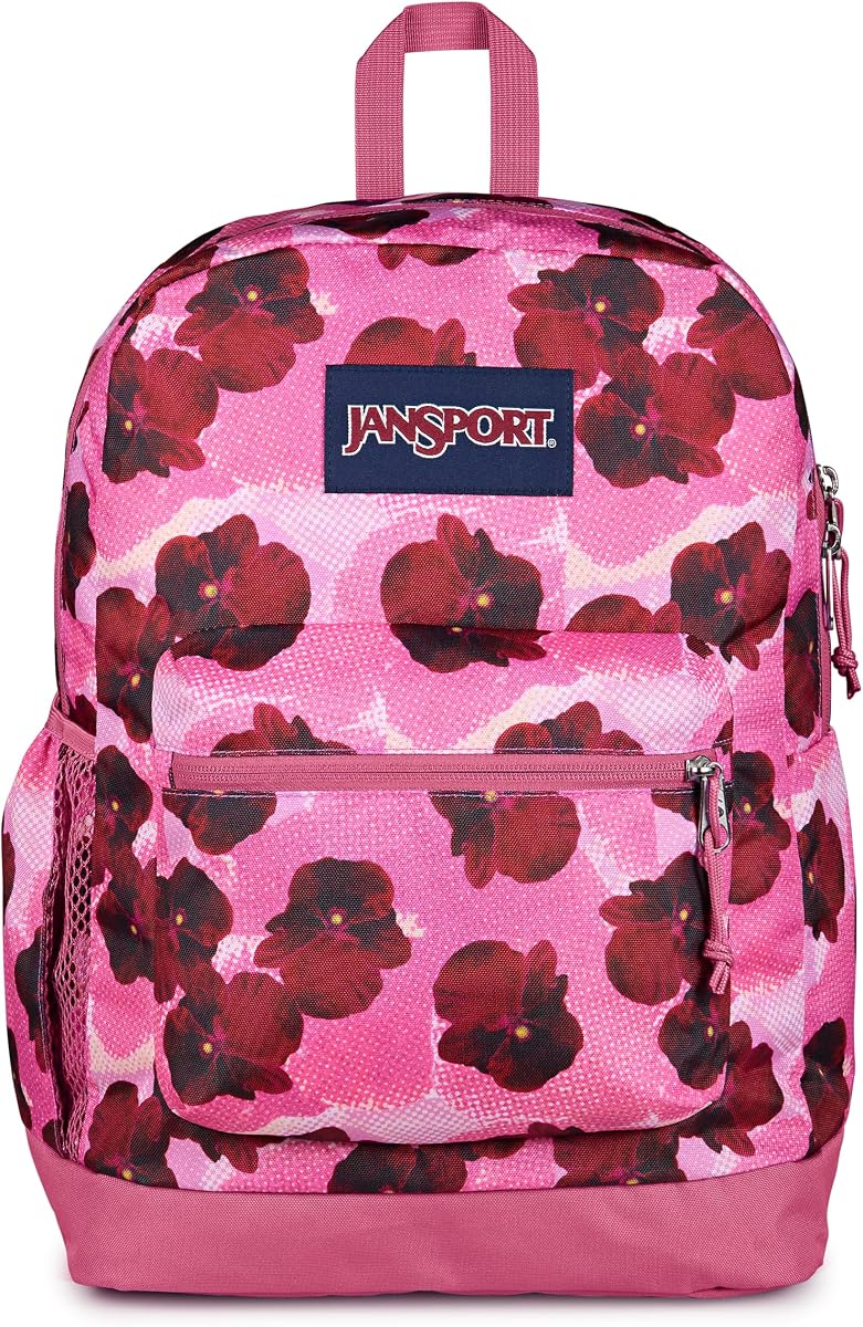 Mochila JanSport Cross Town Plus - Compartimento principal grande, bolsillo lateral para botella de agua, funda acolchada para computadora portátil de 15 pulgadas - Pop Art Pansies